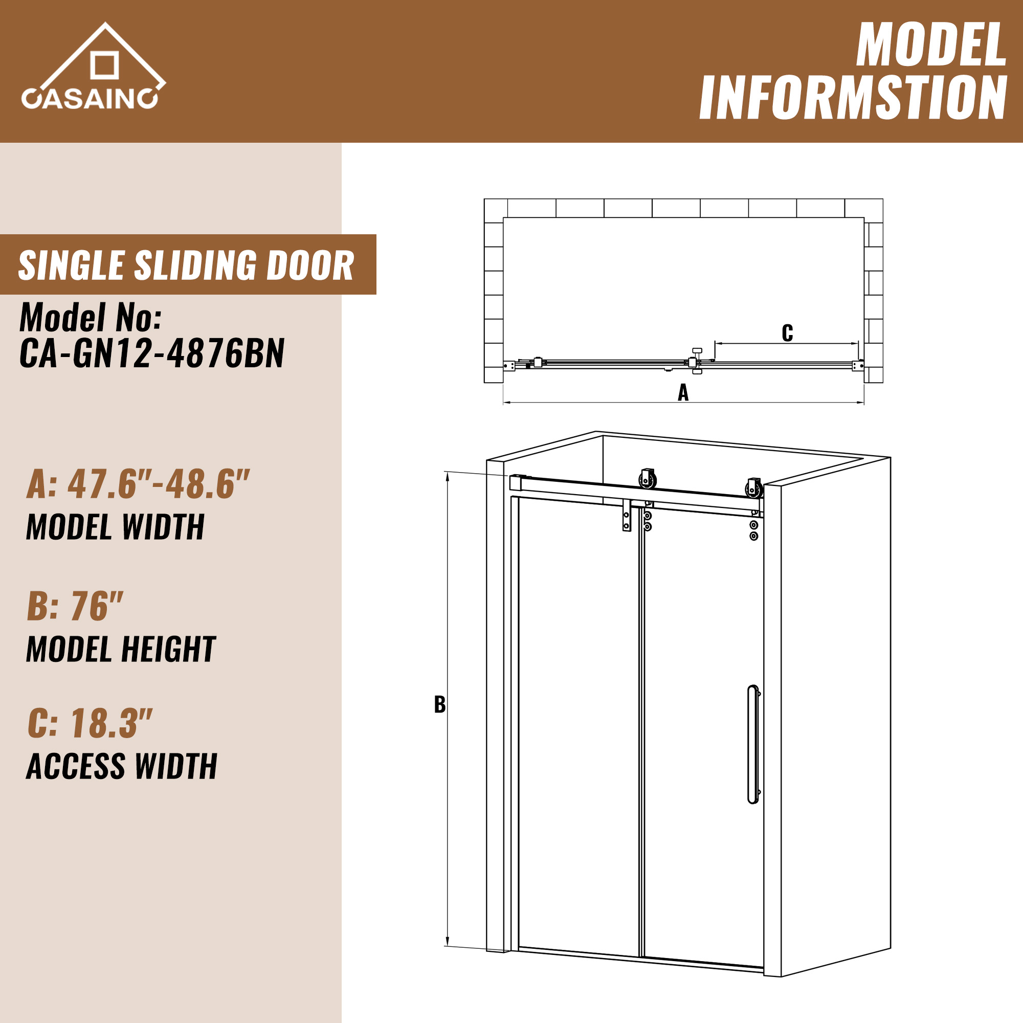48.6  in. W x 76 in. H Framed Shower Door in Matte Black with Tempered Glass