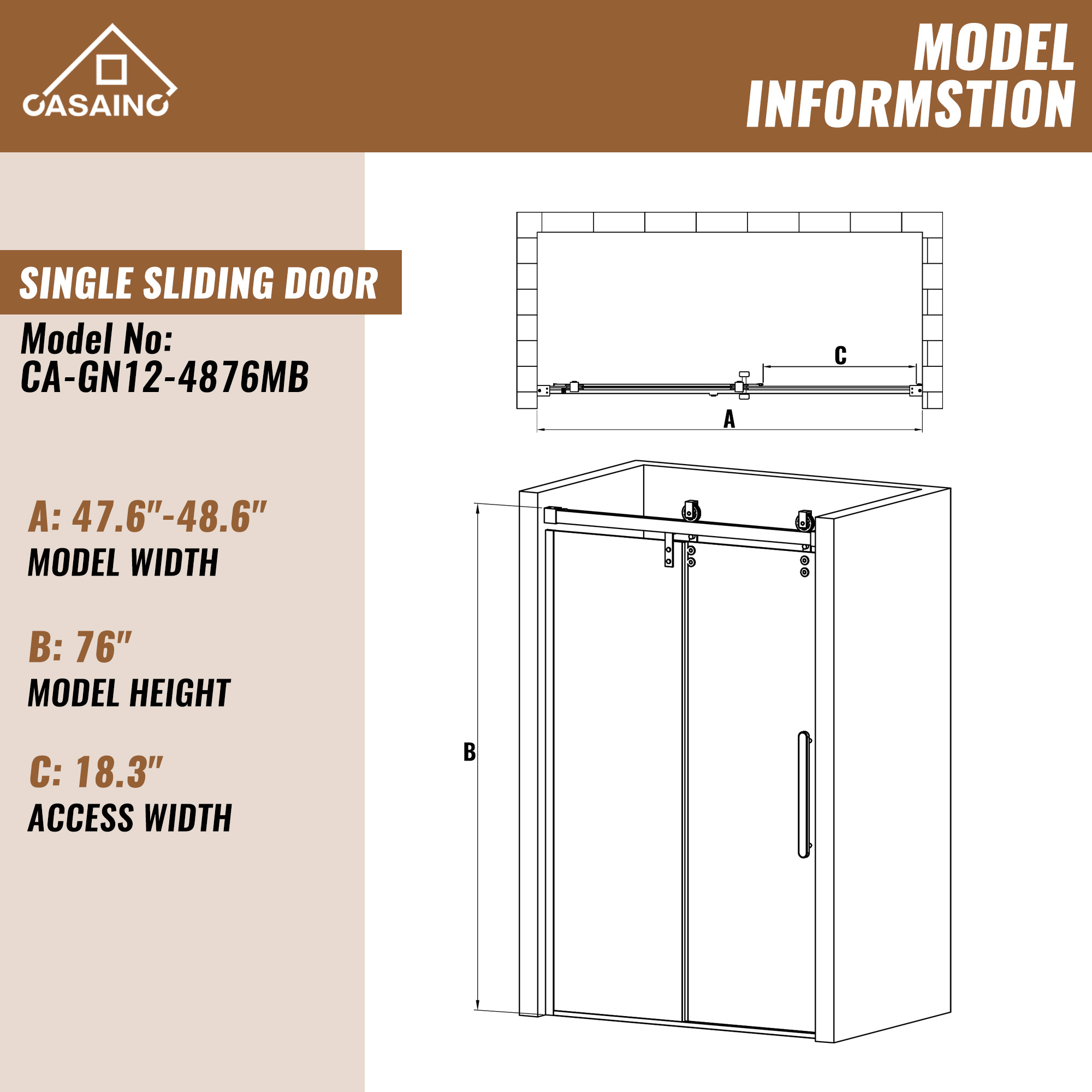 48.6  in. W x 76 in. H Framed Shower Door in Matte Black with Tempered Glass