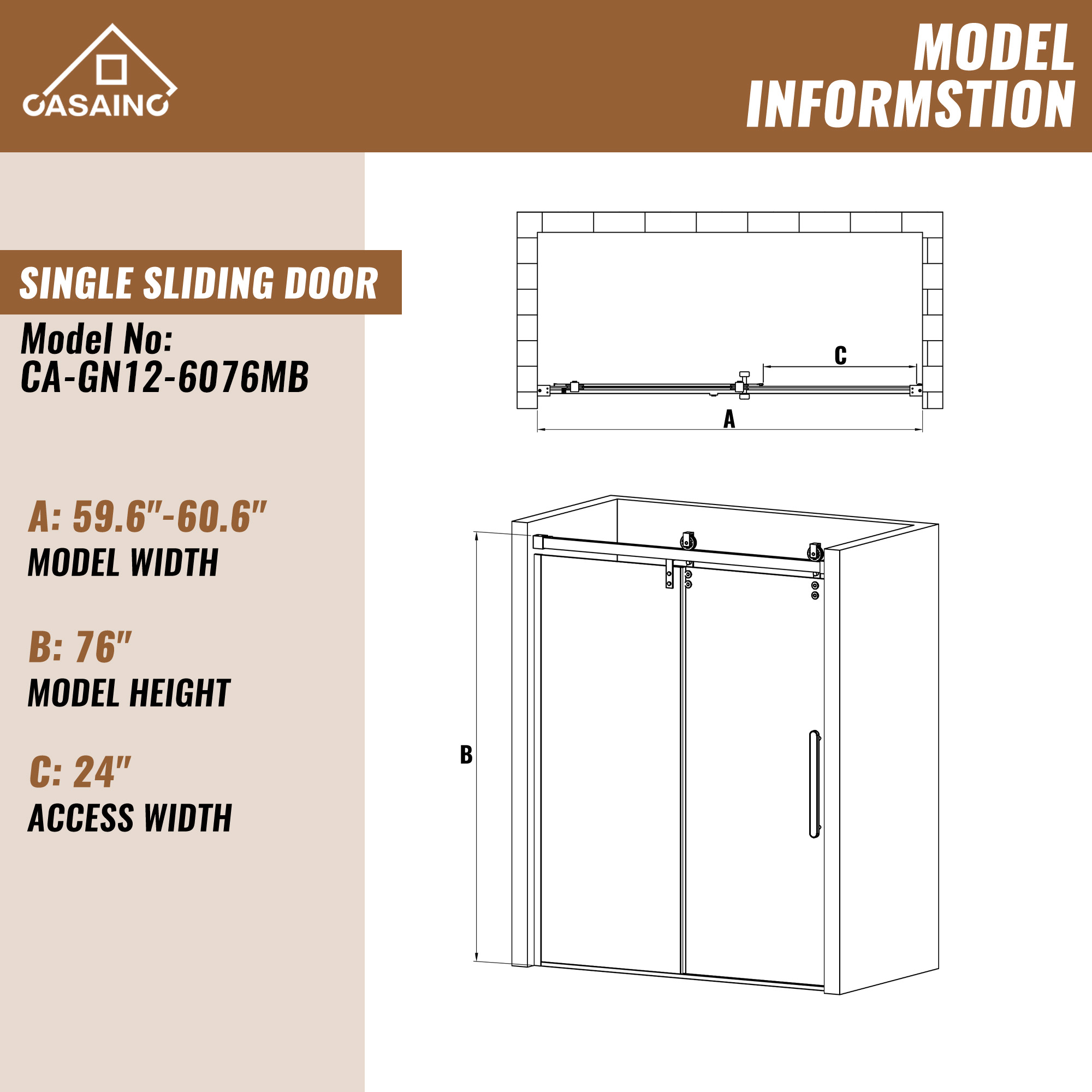 60.6  in. W x 76 in. H Framed Shower Door in Matte Black with Tempered Glass