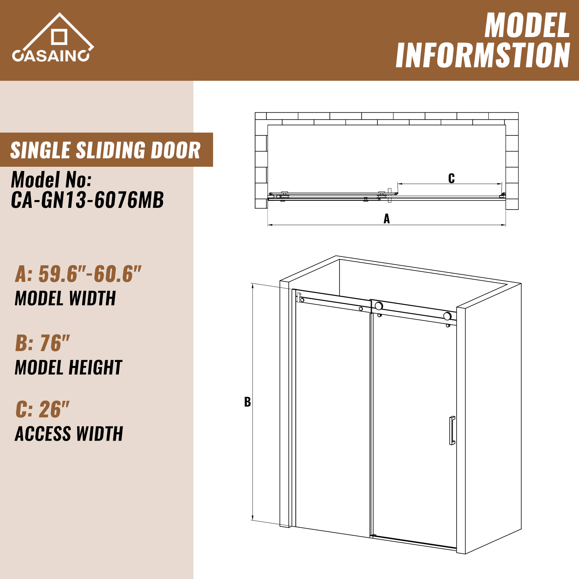 60 in. W x 76 in. H Framed Shower Door in Matte Black with Tempered Glass