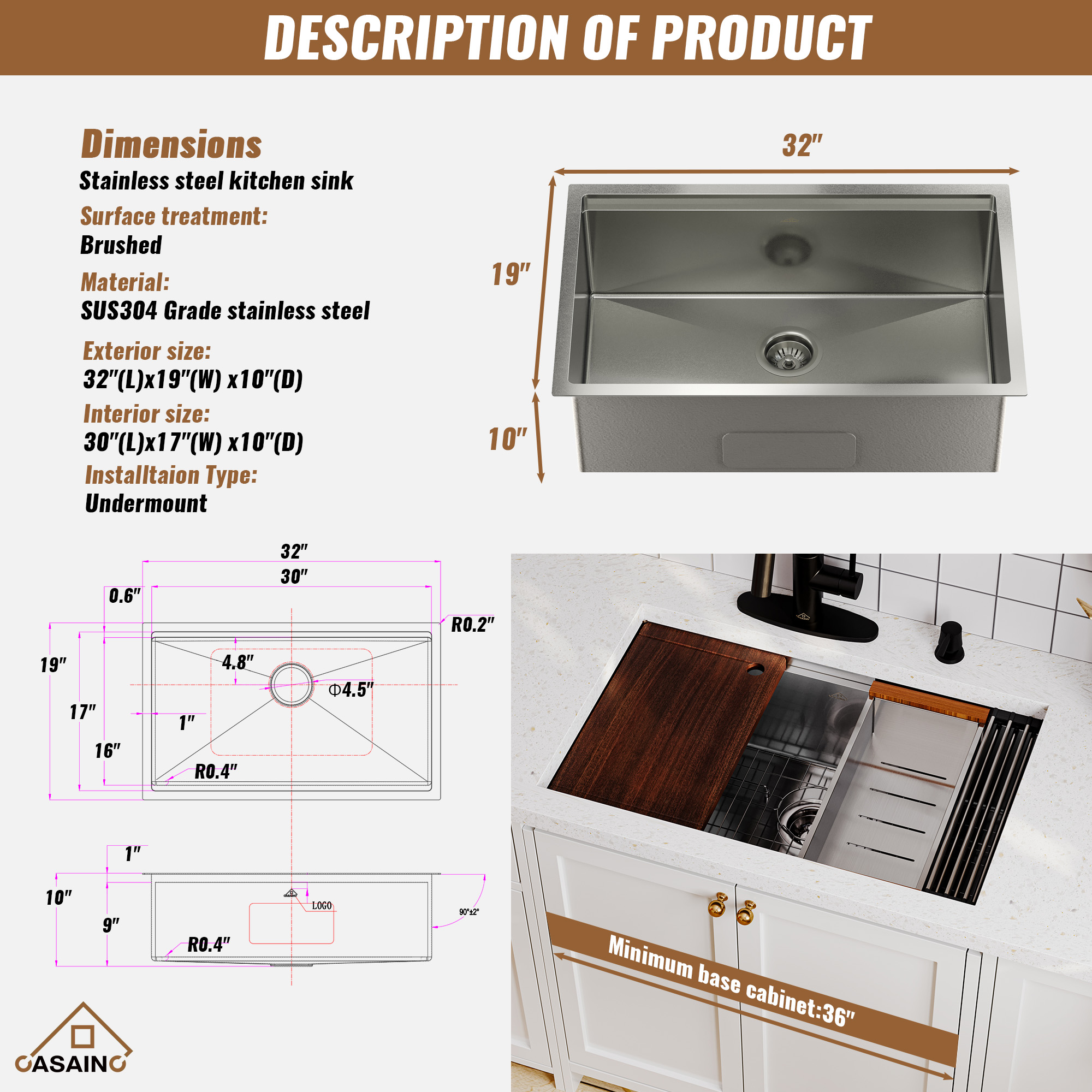 Casainc Undermount Stainless Steel 30/32 inch Single Bowl Kitchen Sink in Nano Brushed