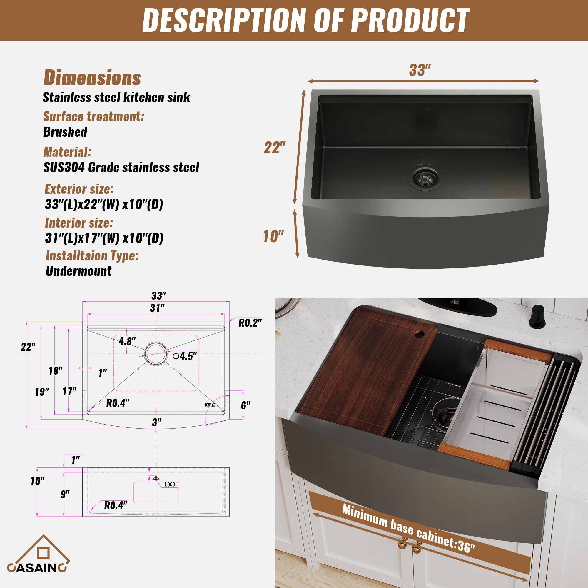 Farmhouse Stainless Steel 30/33/36 inch Single Bowl Kitchen Sink in Nano PVD Gunmetal Black