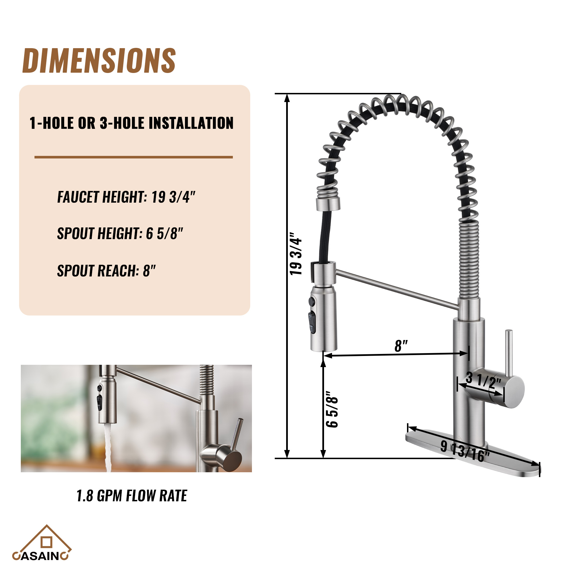 Commercial Style Pull-Down Single Handle 19" Kitchen Faucet