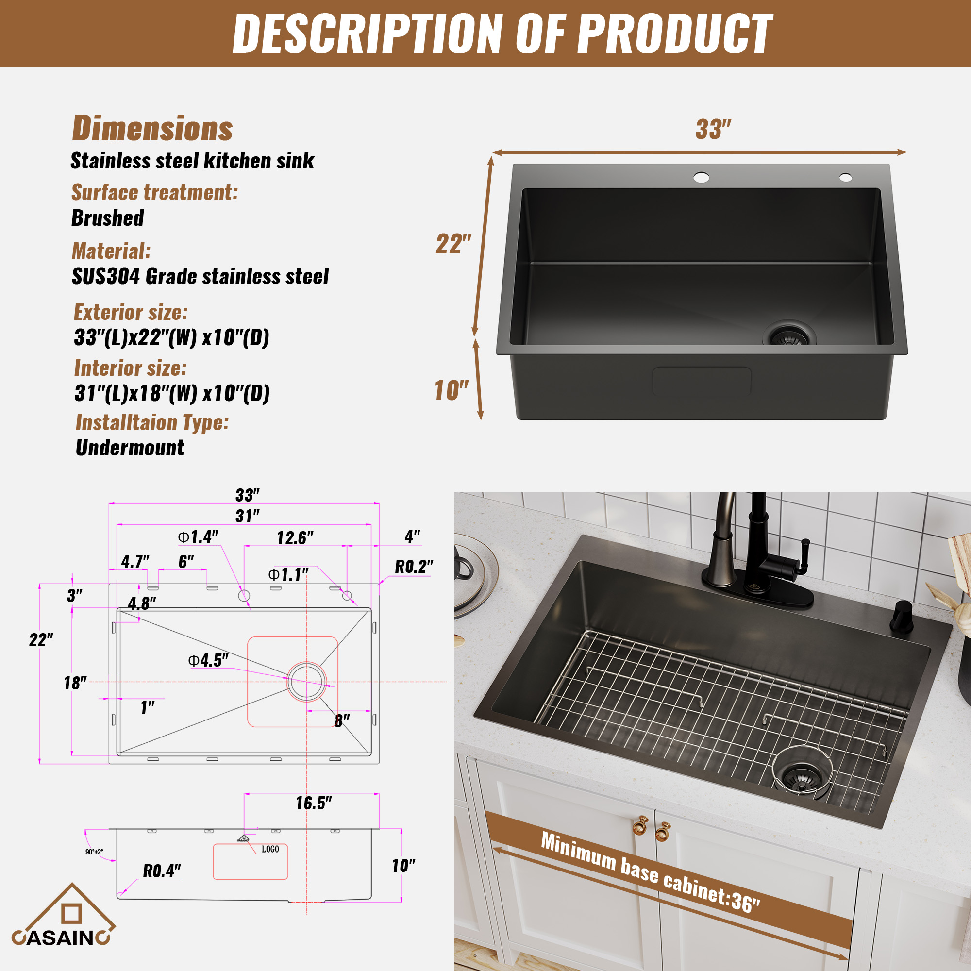 Drop-In Stainless Steel 33-inch 1-Hole Single Bowl Kitchen Sink in Nano PVD Gun Gray