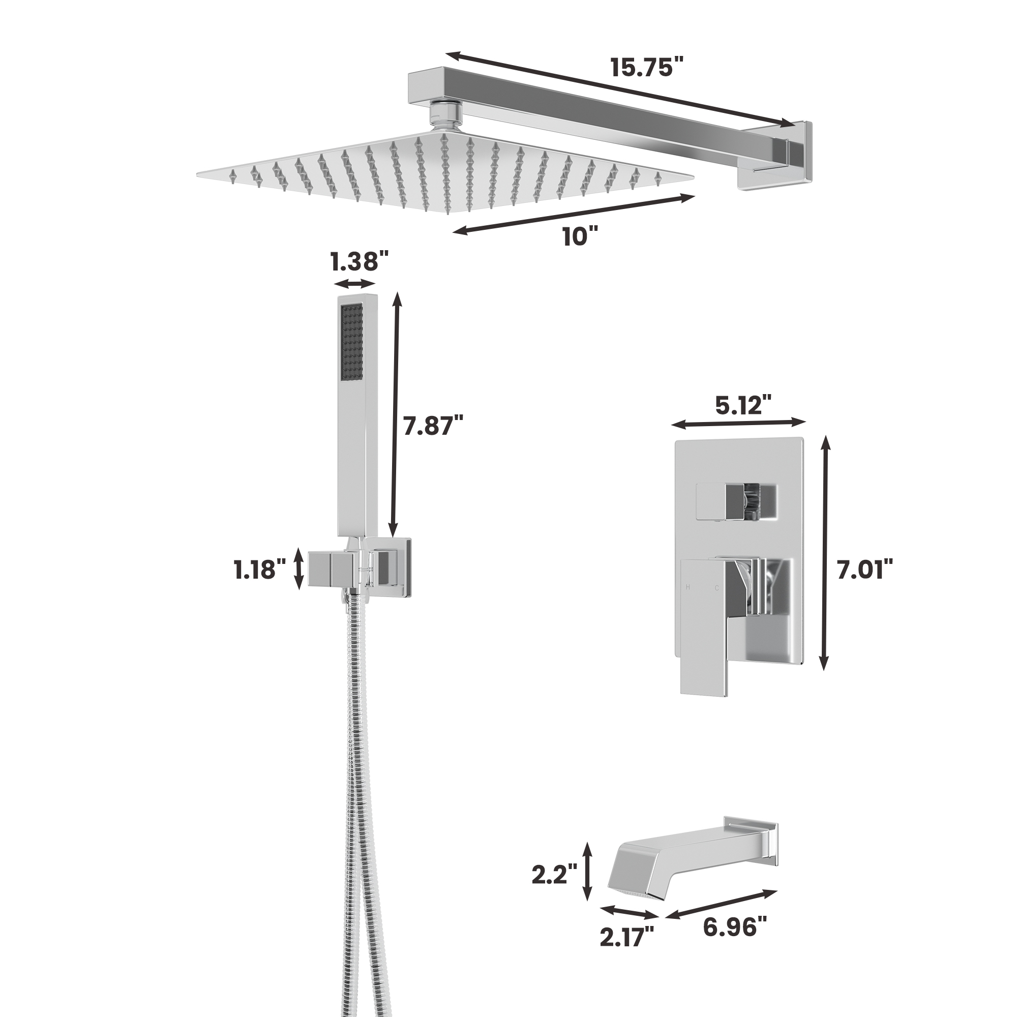 10" Three Function Pressure Balance Shower System with Valve Included