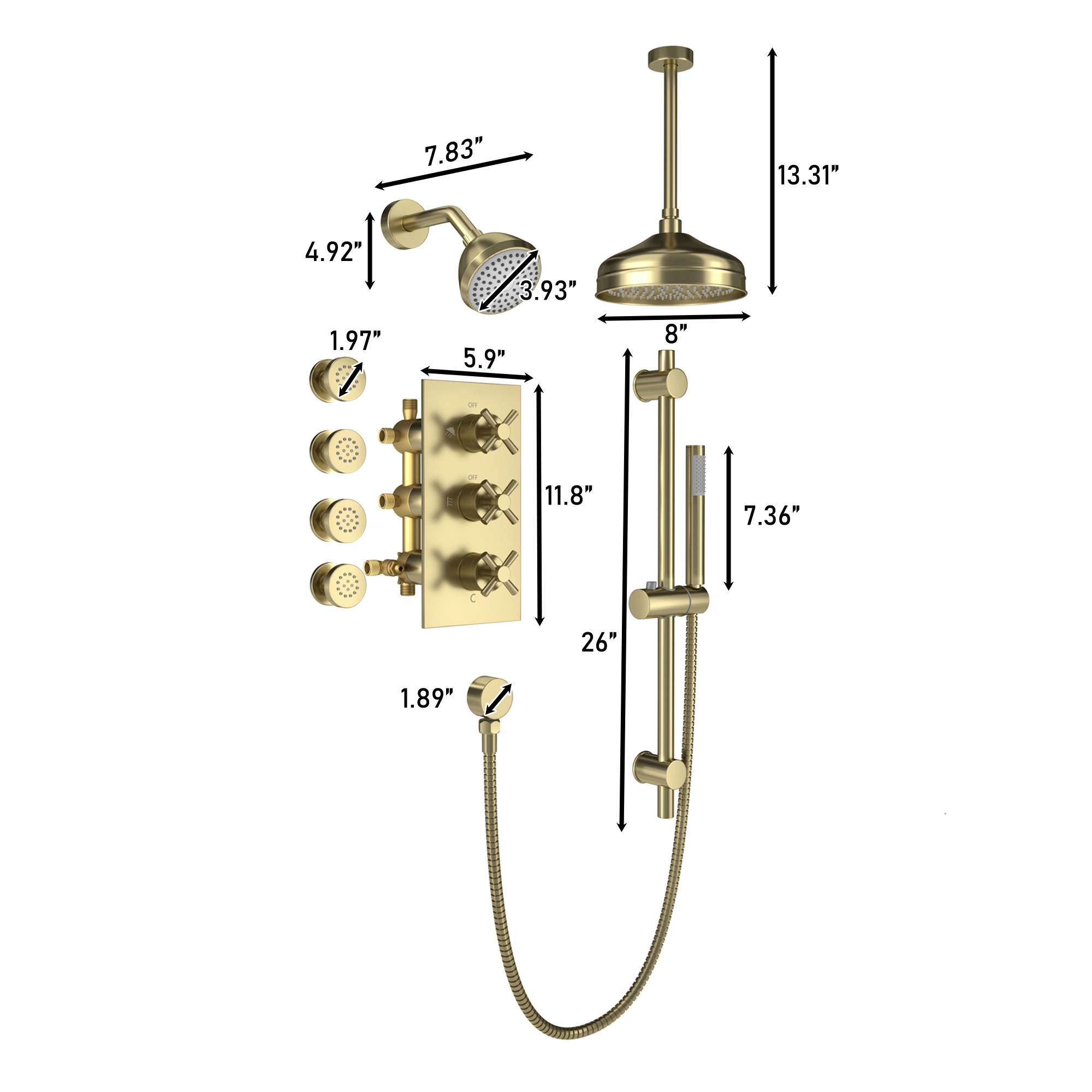 8" Dual Shower Head System with Slide Bar & Hand Shower & 4 Body Jets 
