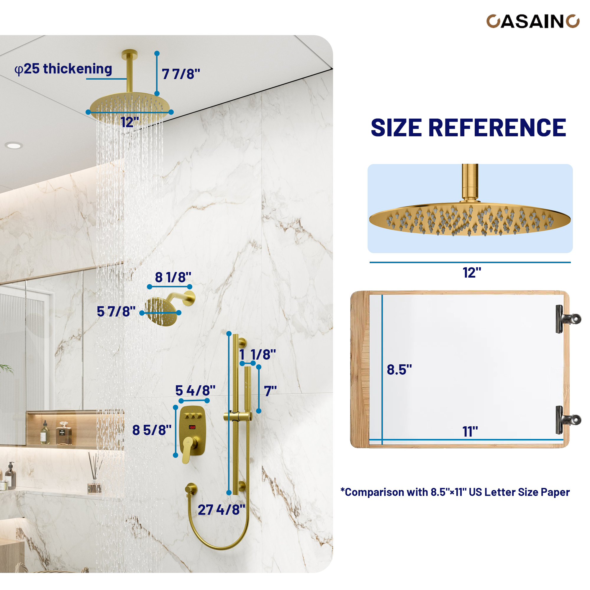 12-inch Ceiling-Mounted Dual Shower System with Slide Bar & Digital Display