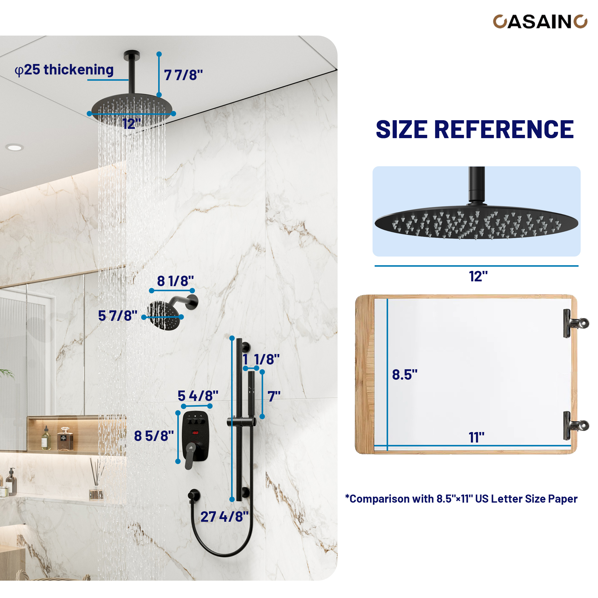 12-inch Ceiling-Mounted Dual Shower System with Slide Bar & Digital Display