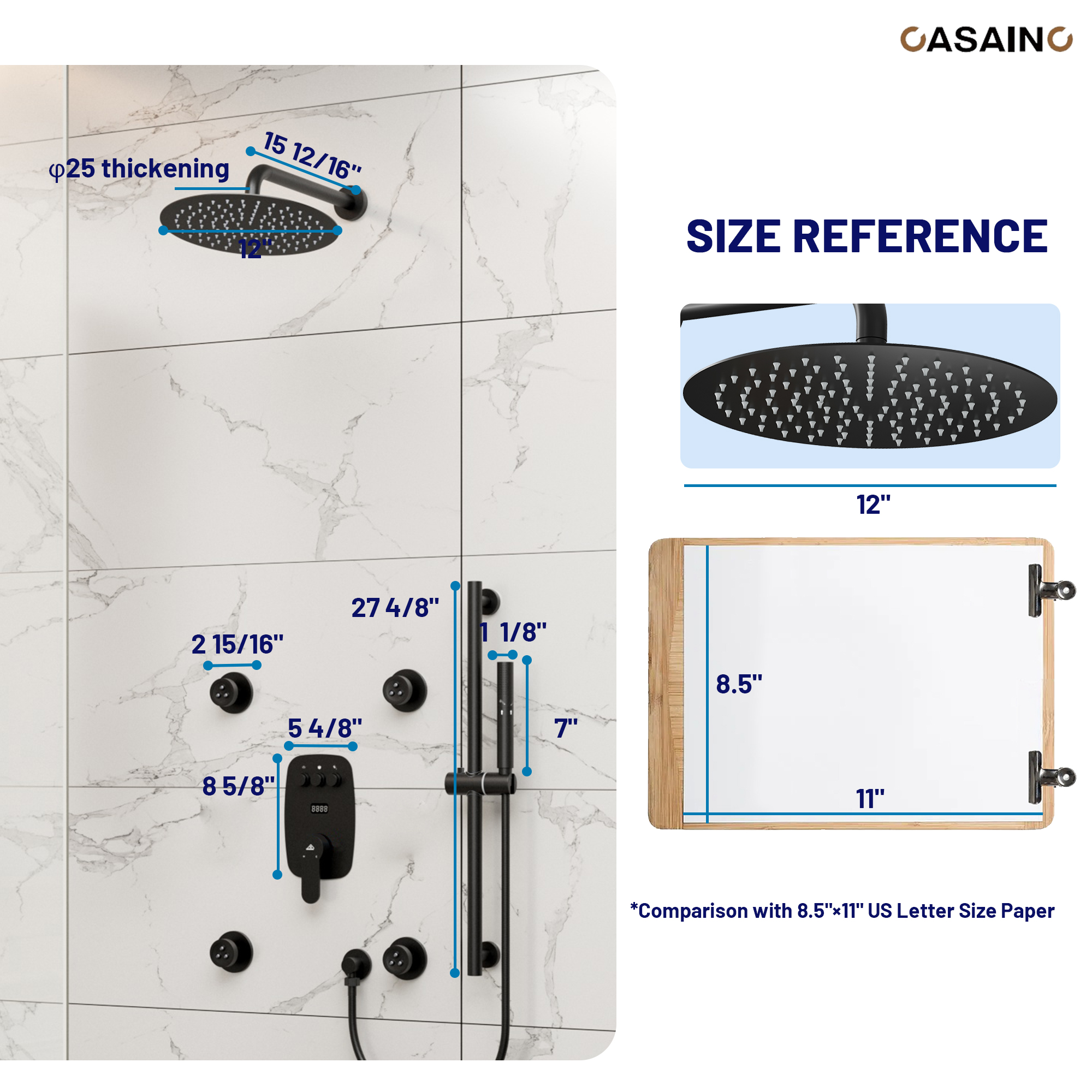 12-inch Wall-Mounted Body Jet Shower System with Slide Bar & Digital Display