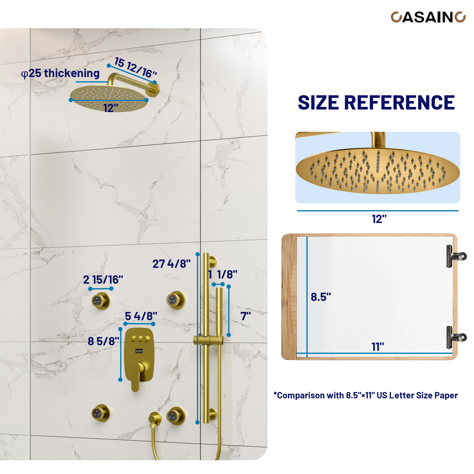 12-inch Wall-Mounted Body Jet Shower System with Slide Bar & Digital Display
