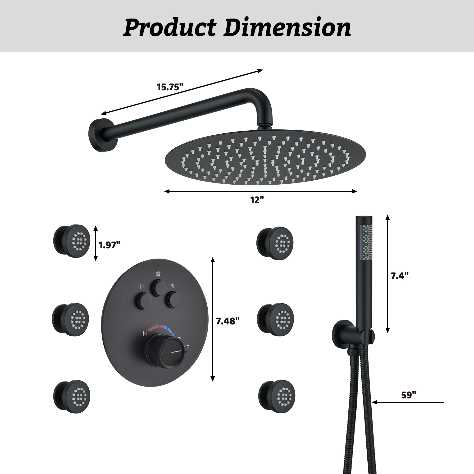 12" Round Rainfall Shower System with 6 Adjustable Body Jets
