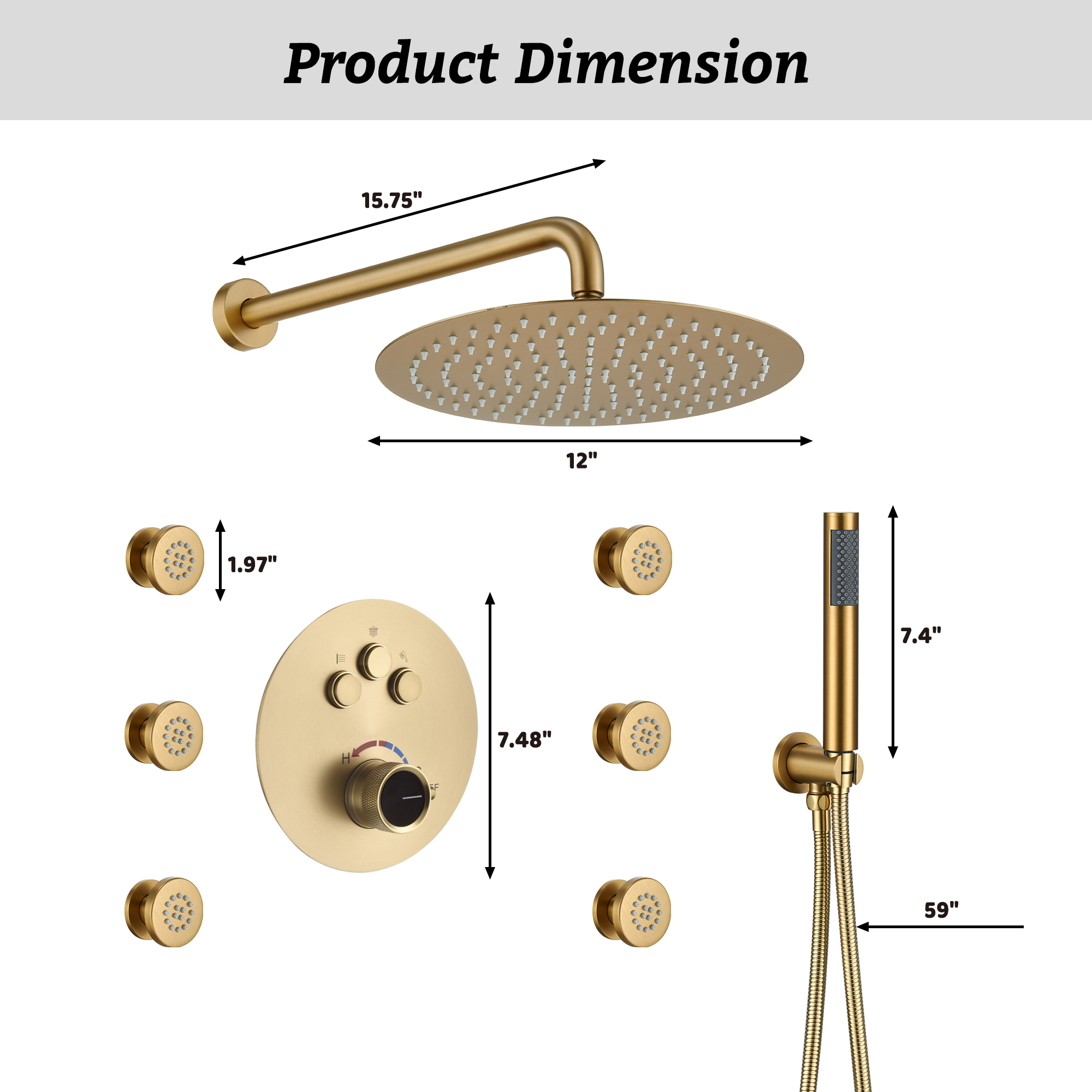 12" Round Rainfall Shower System with 6 Adjustable Body Jets