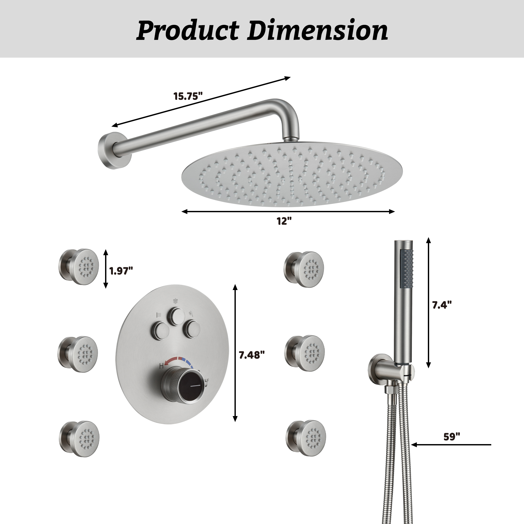 12" Round Rainfall Shower System with 6 Adjustable Body Jets