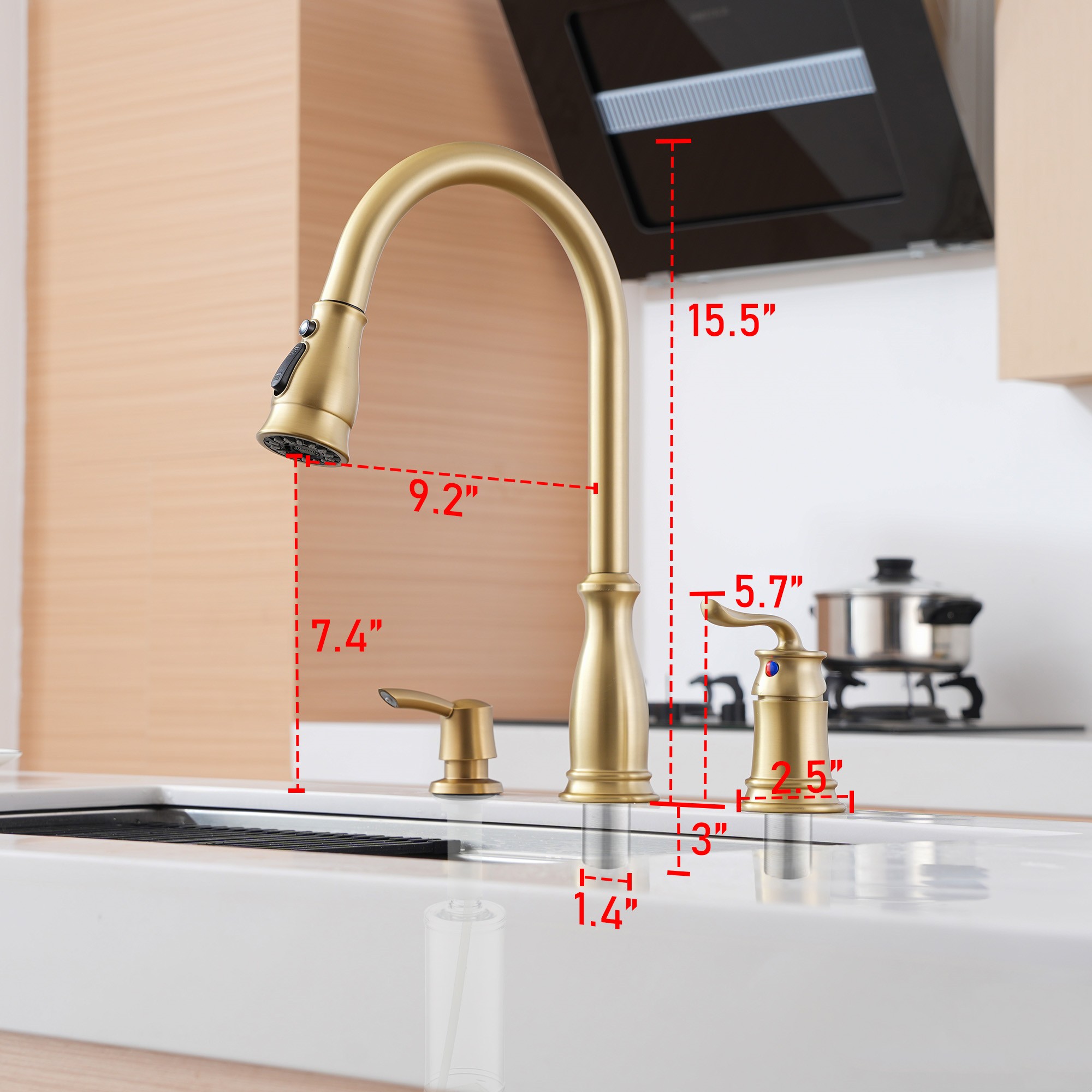 3-Spray Patterns 1.8 GPM Single Handle Pull Down Sprayer Kitchen Faucet with Soap Dispenser