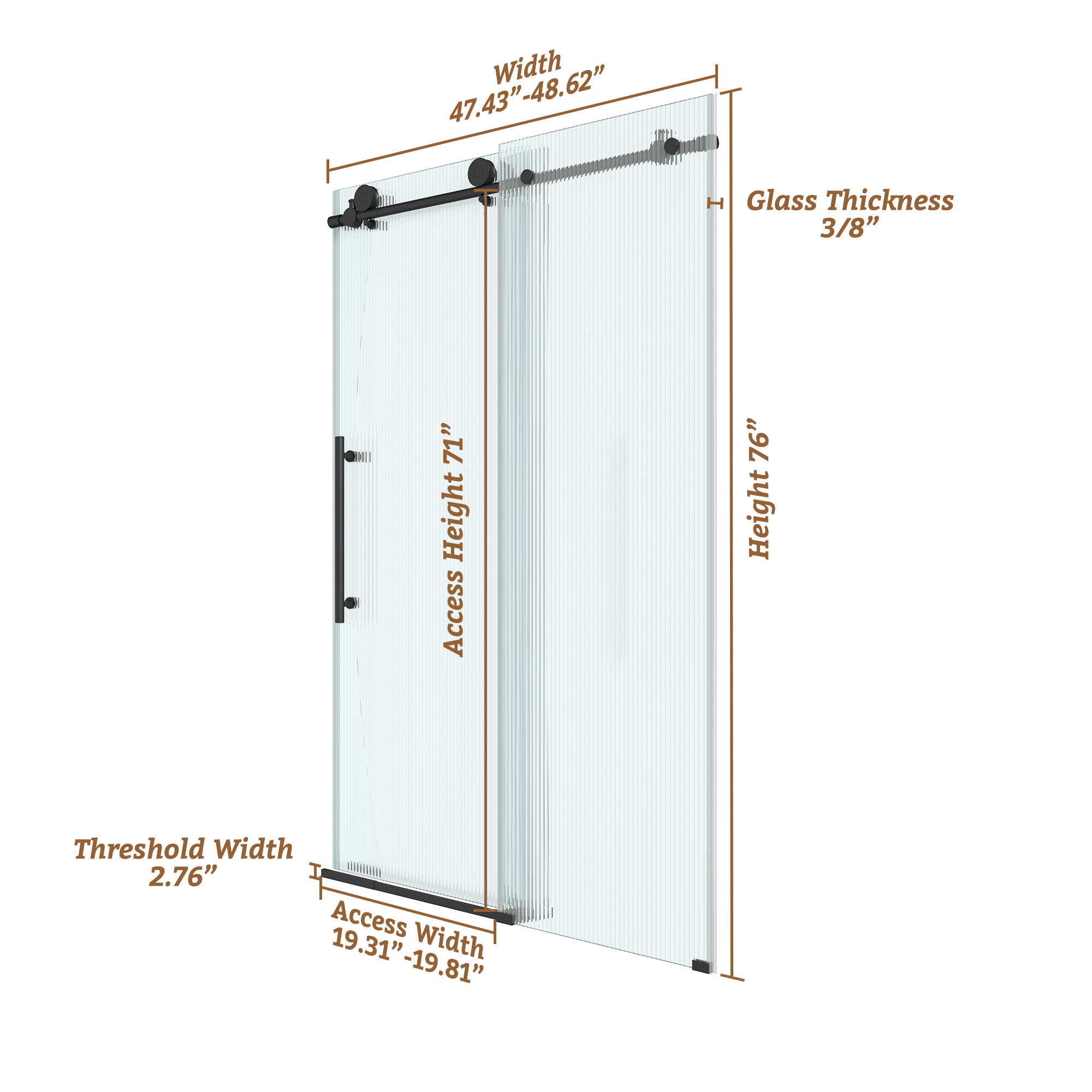 48"x76" Single Sliding Frameless Shower Door with 10mm Fluted Tempered Glass