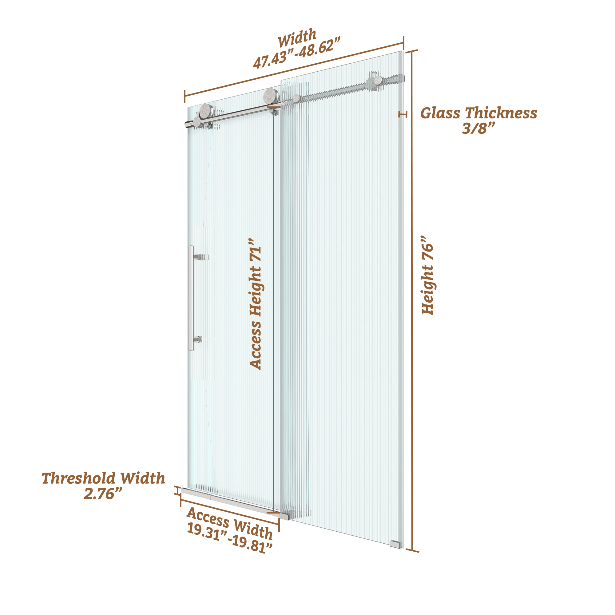 48"x76" Single Sliding Frameless Shower Door with 10mm Fluted Tempered Glass