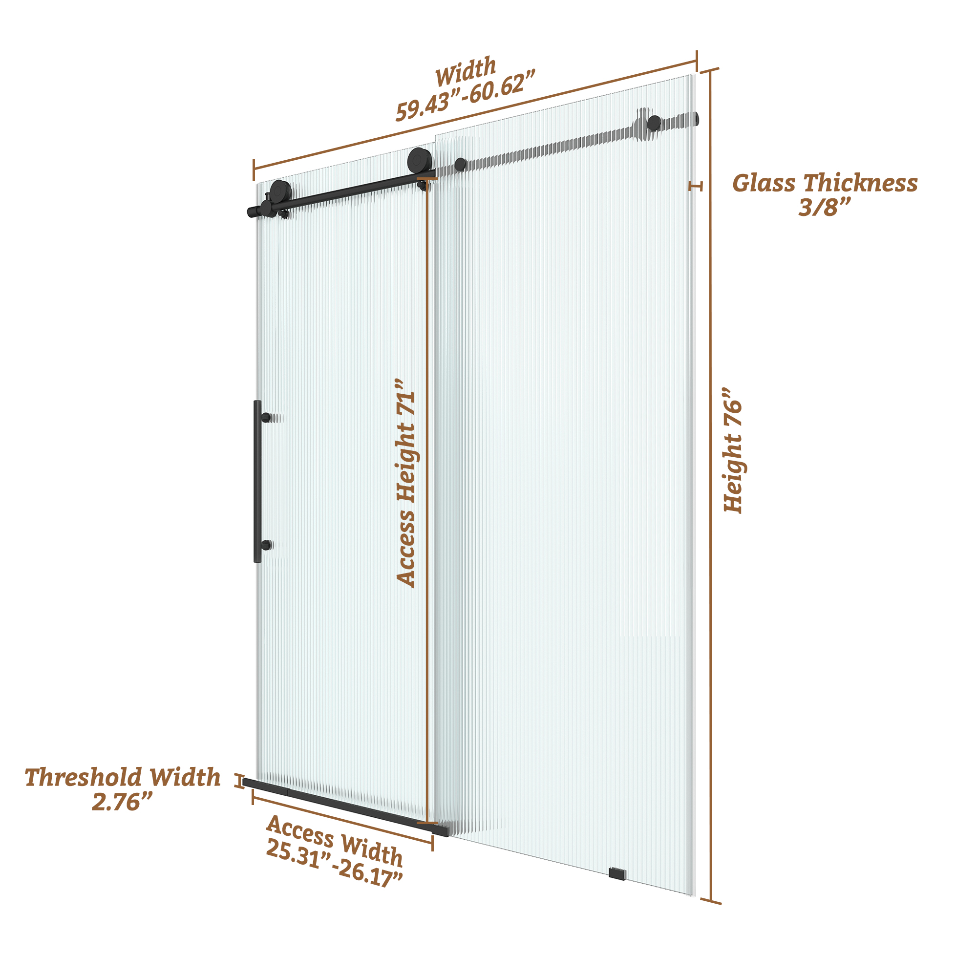 60"x76" Single Sliding Frameless Shower Door with SGCC Certified Fluted Tempered Glass