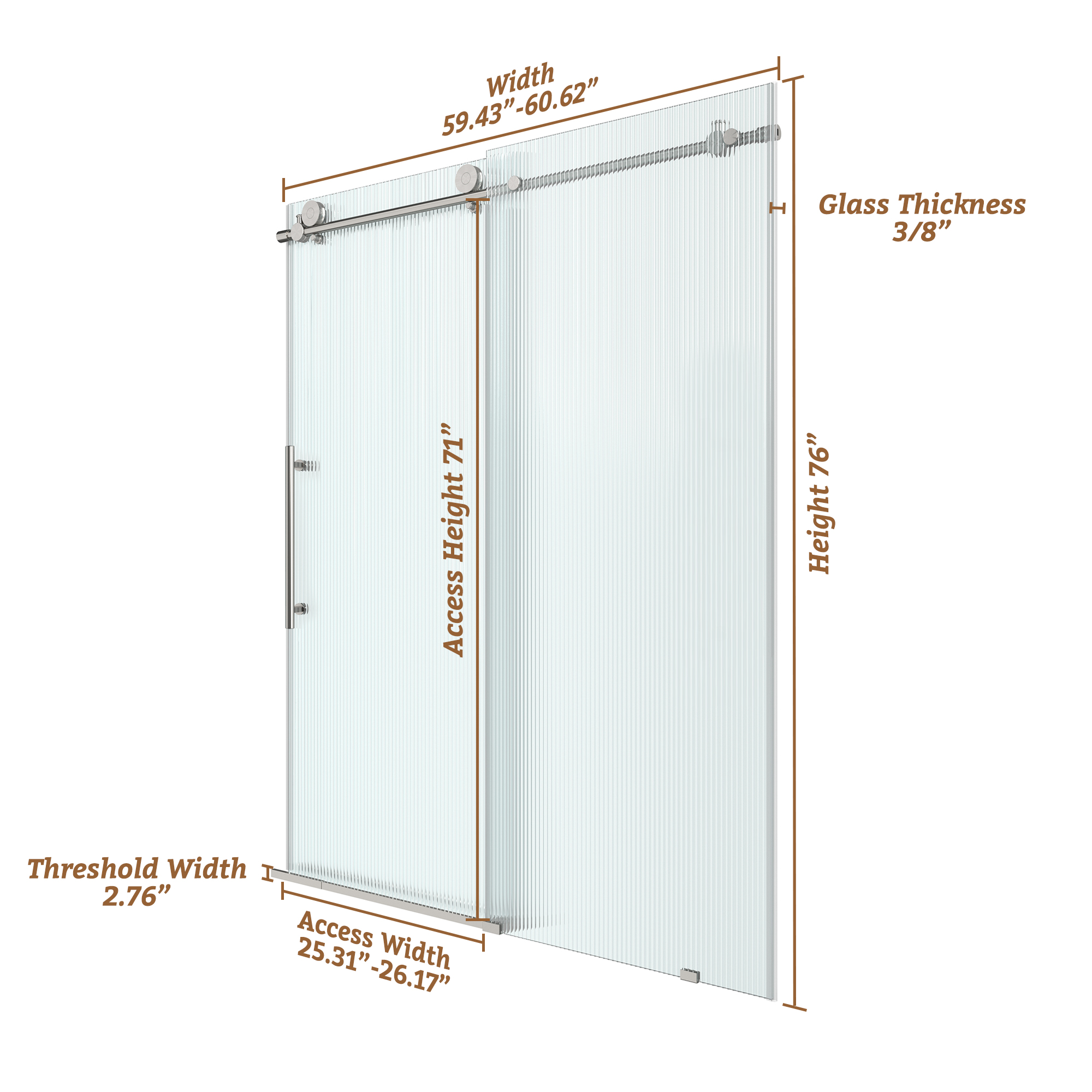 60"x76" Single Sliding Frameless Shower Door with SGCC Certified Fluted Tempered Glass