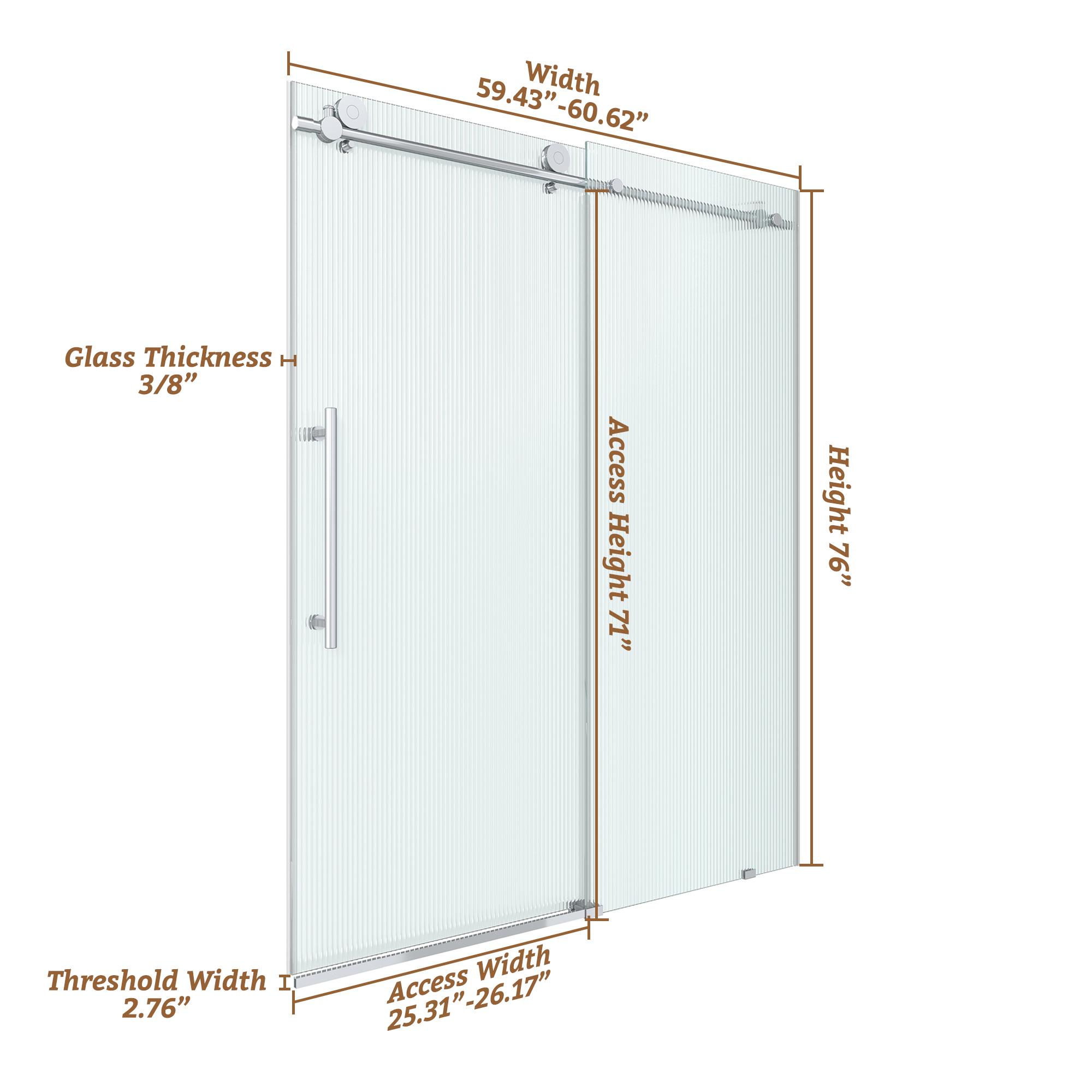 60"x76" Single Sliding Frameless Shower Door with SGCC Certified Fluted Tempered Glass