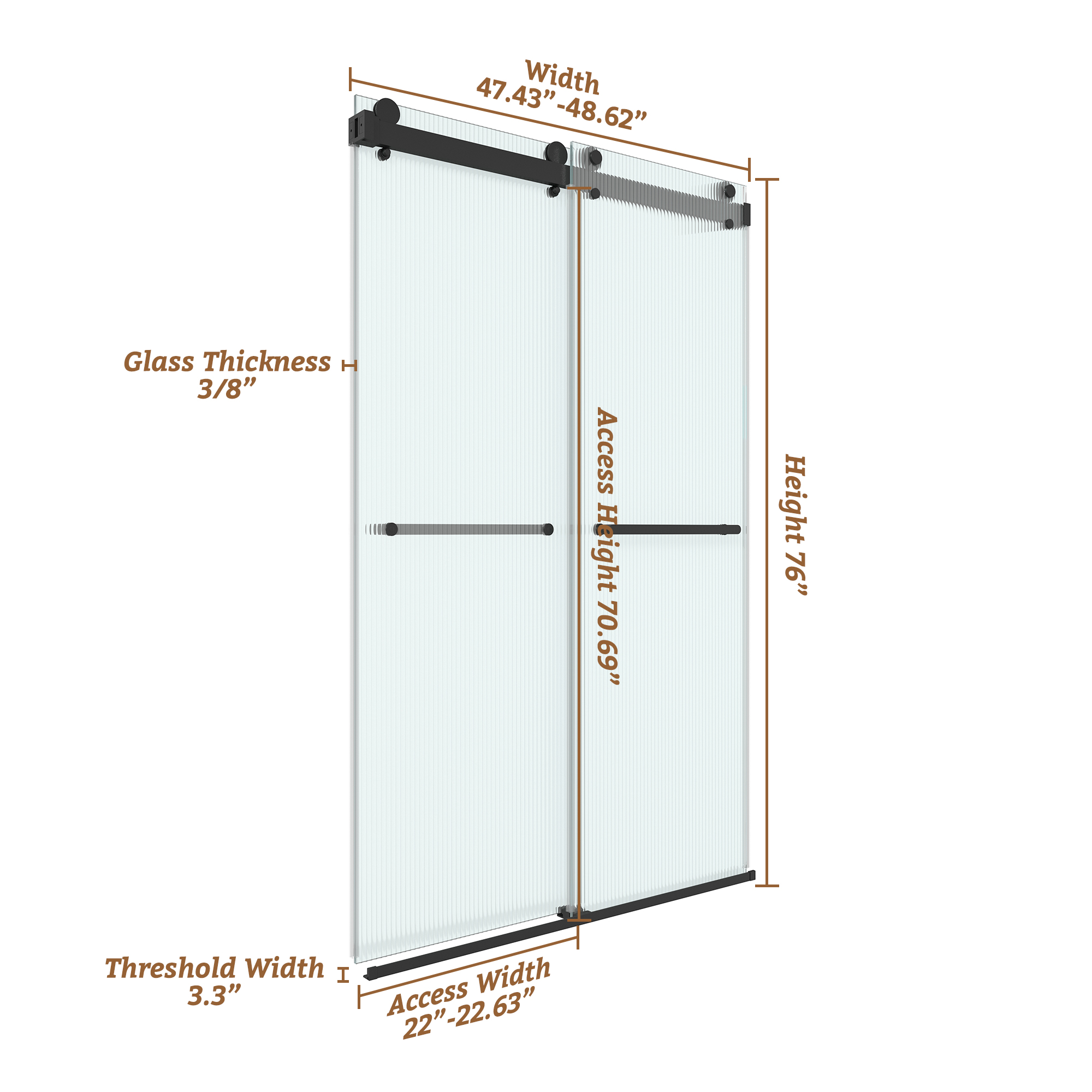 48"x76" Frameless Double Sliding Shower Door with 3/8" Fluted Glass