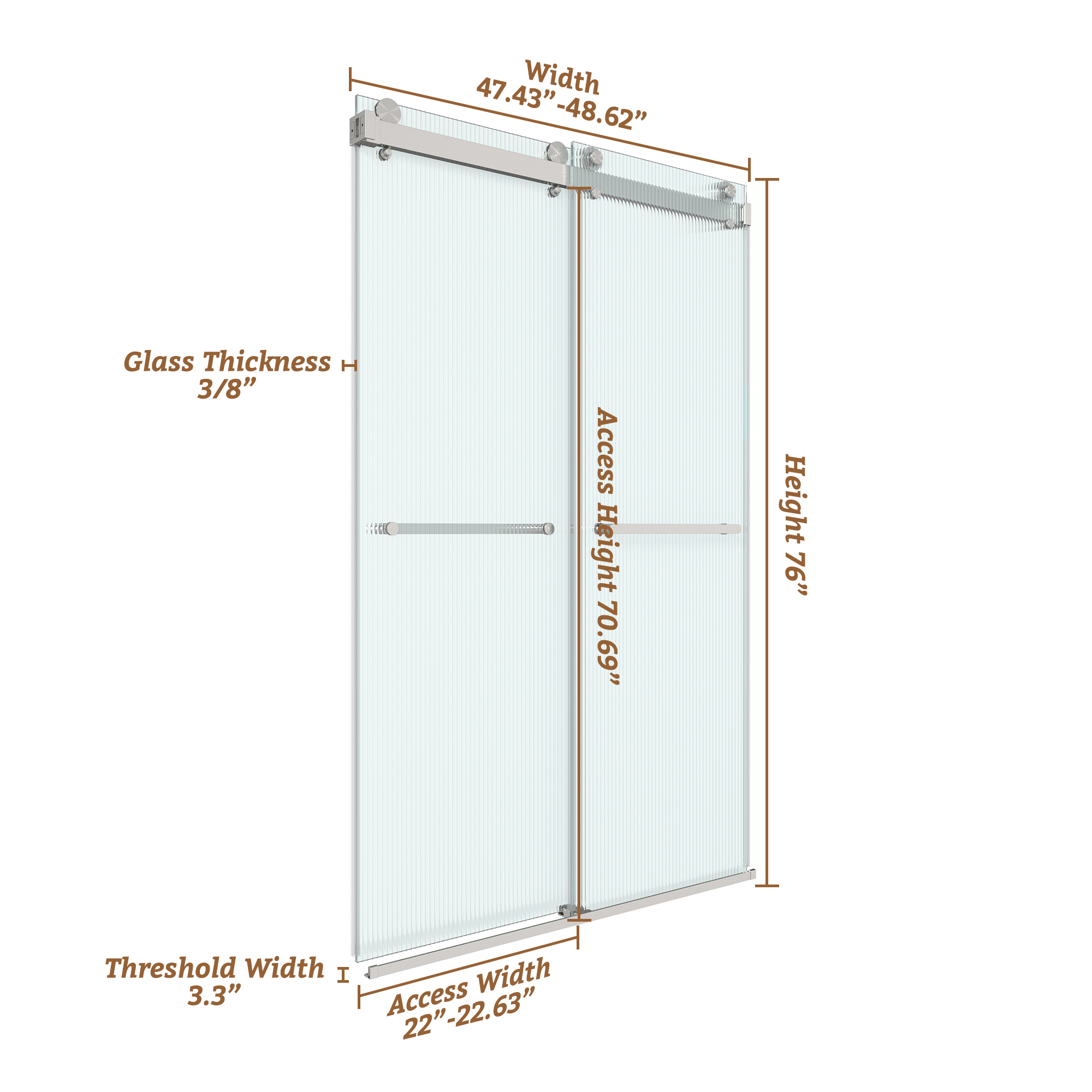 48"x76" Frameless Double Sliding Shower Door with 3/8" Fluted Glass
