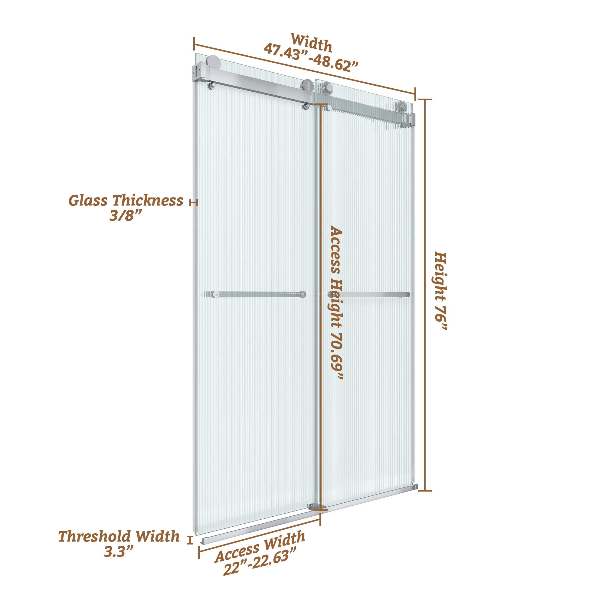 48"x76" Frameless Double Sliding Shower Door with 3/8" Fluted Glass