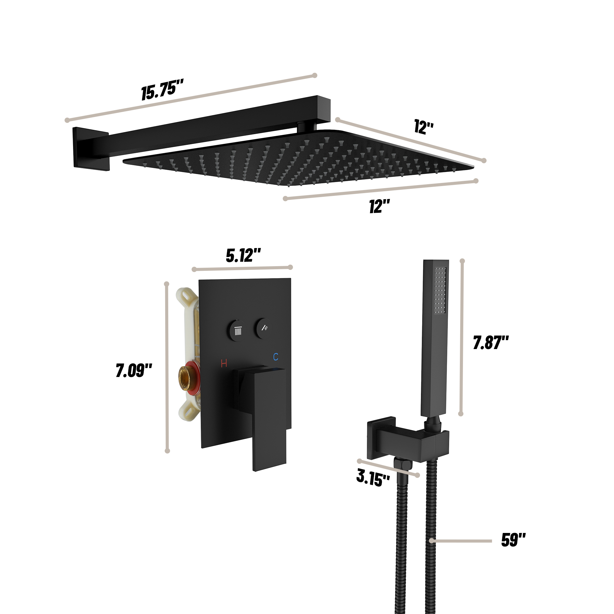 12-Inch Rainfall Shower System with Push Button Pressure Balanced Valve