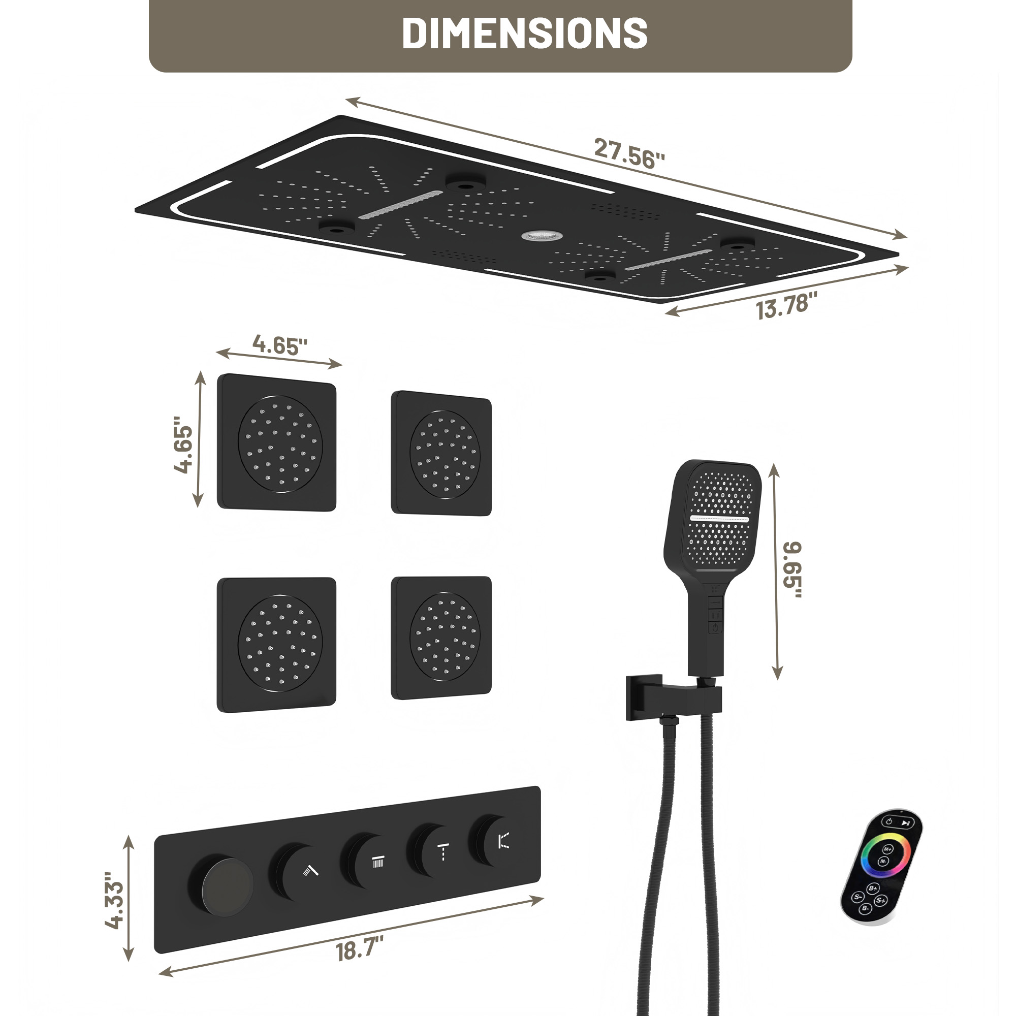 27.55*13.78 inch 4-Function Luxury Digital Shower System with LED & Bluetooth