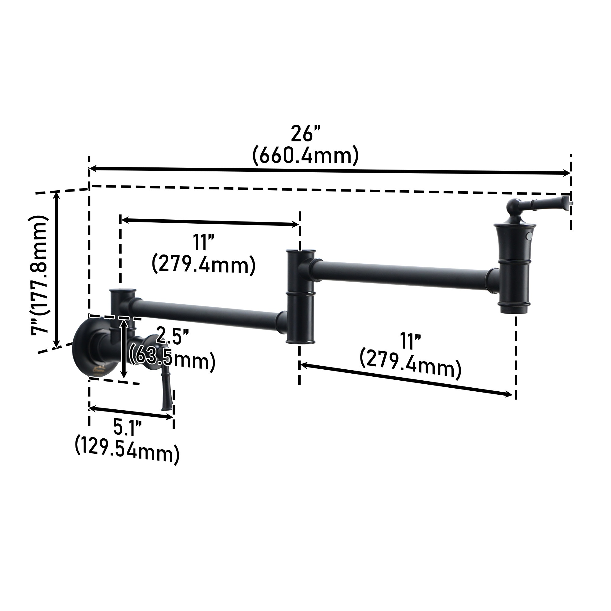 Wall-Mounted Kitchen Faucet with Dual Handles 360° Rotatable Pot Filler in Matte Black