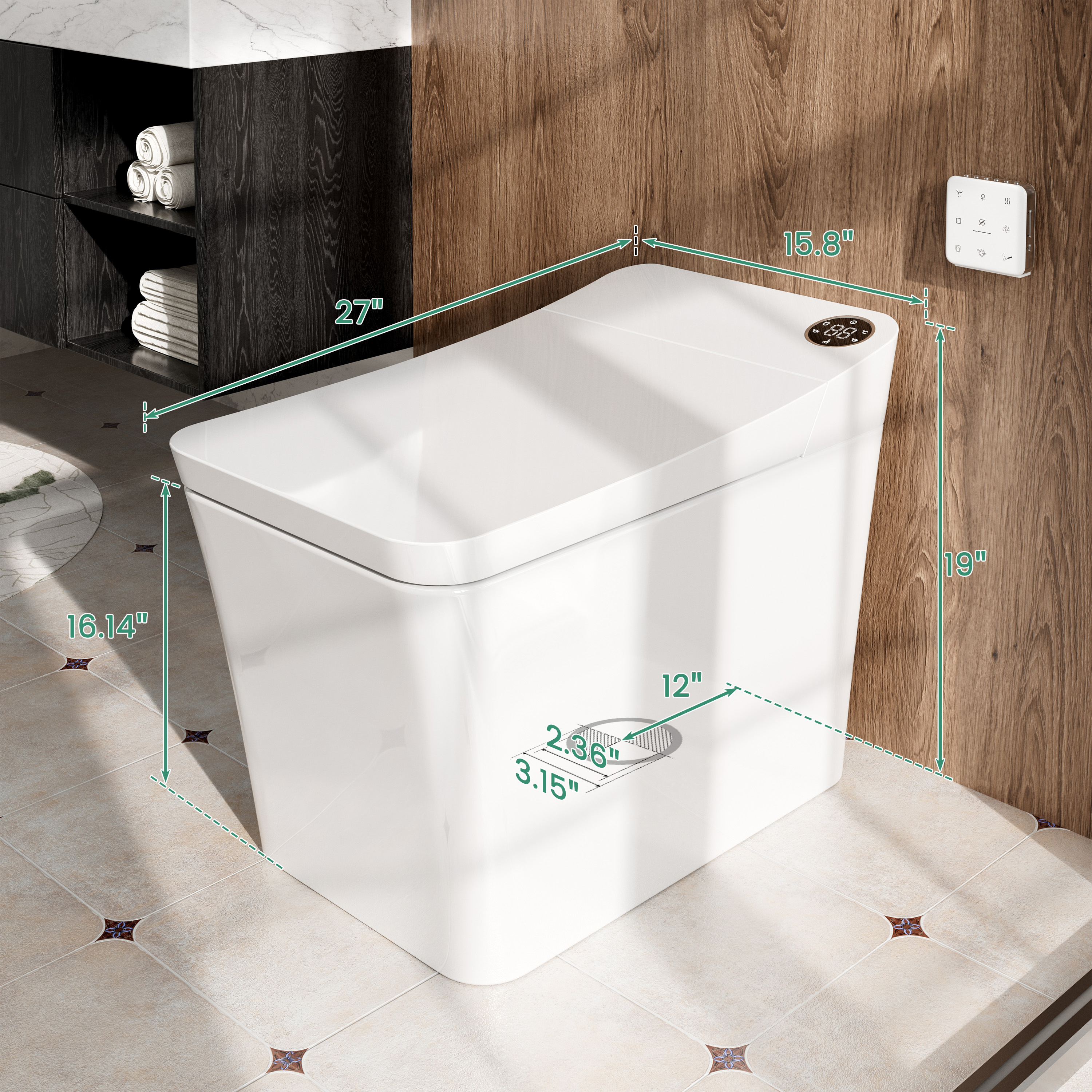 Elongated White Square-Shaped Tankless Smart Bidet Toilet