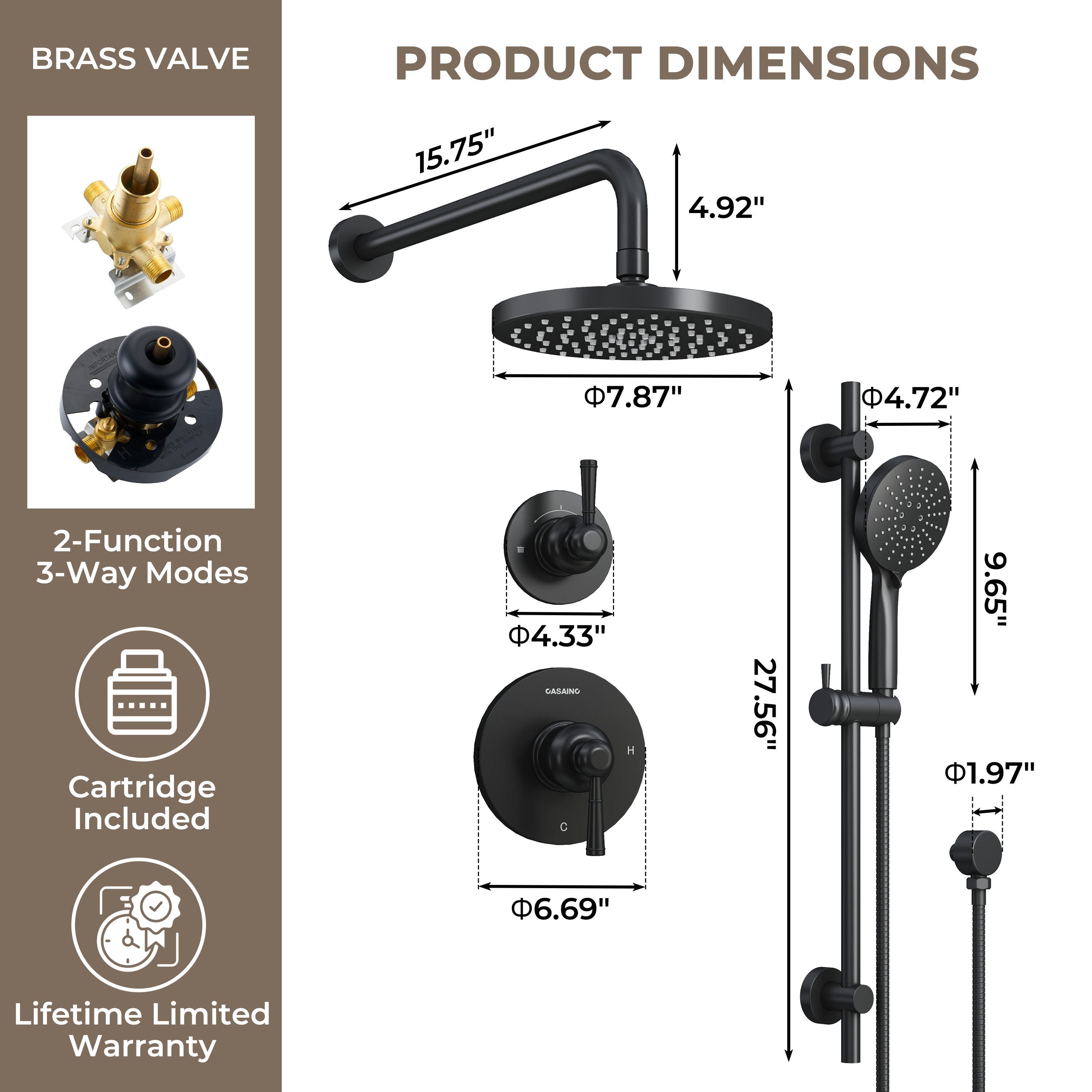 8-inch 2-Function Pressure Balance Shower System with 3 Spray Modes