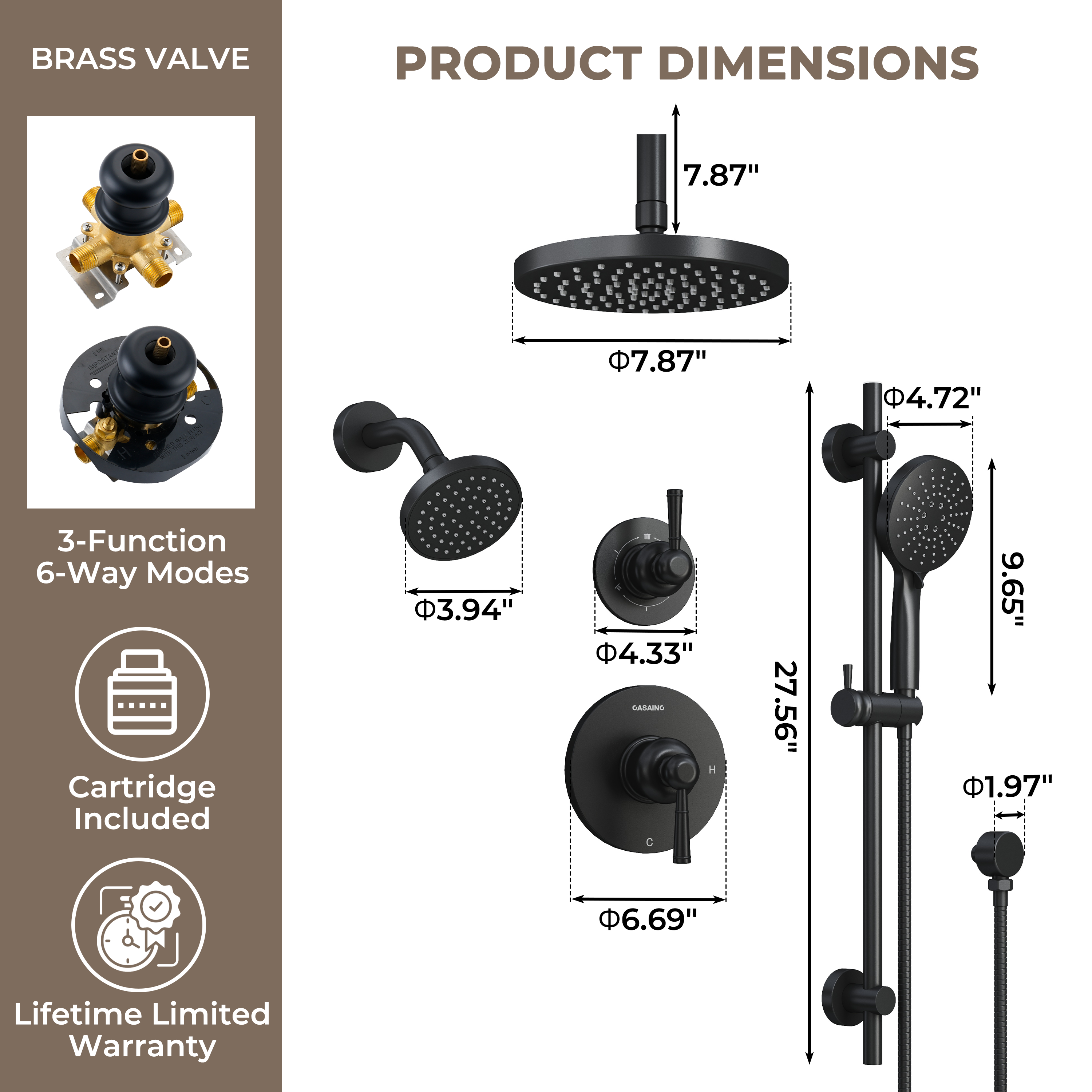 8-inch 3-Function Dual Shower Head System with 6 Spray Modes and Slide Bar