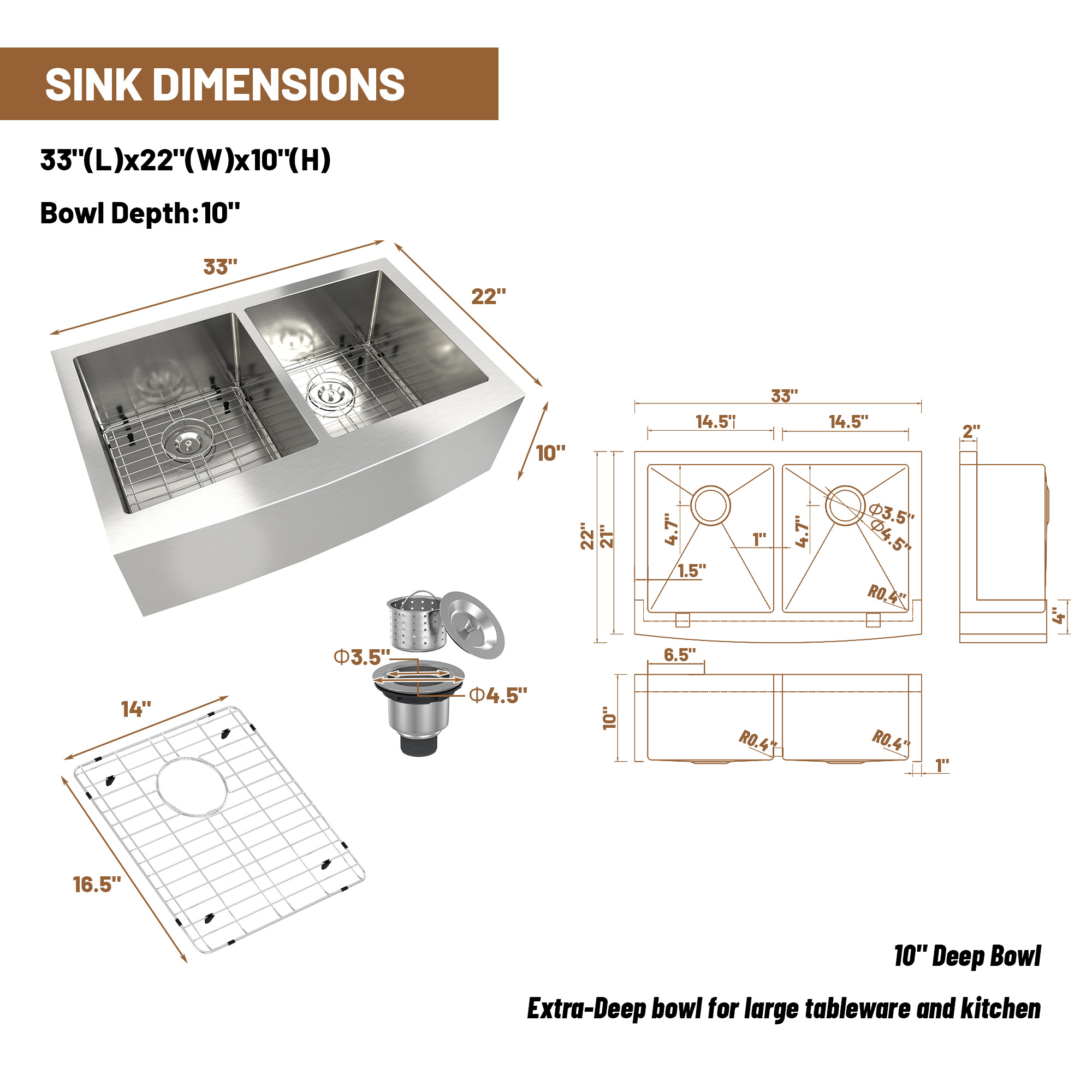 33 Inch Workstation Farmhouse Kitchen Sink Stainless Steel Apron Front Double Bowl Sink Basin