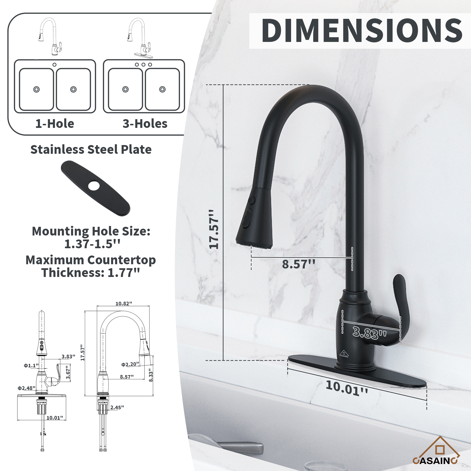 3-Function Spray Head Kitchen Sink Faucet with Pull Down Sprayer
