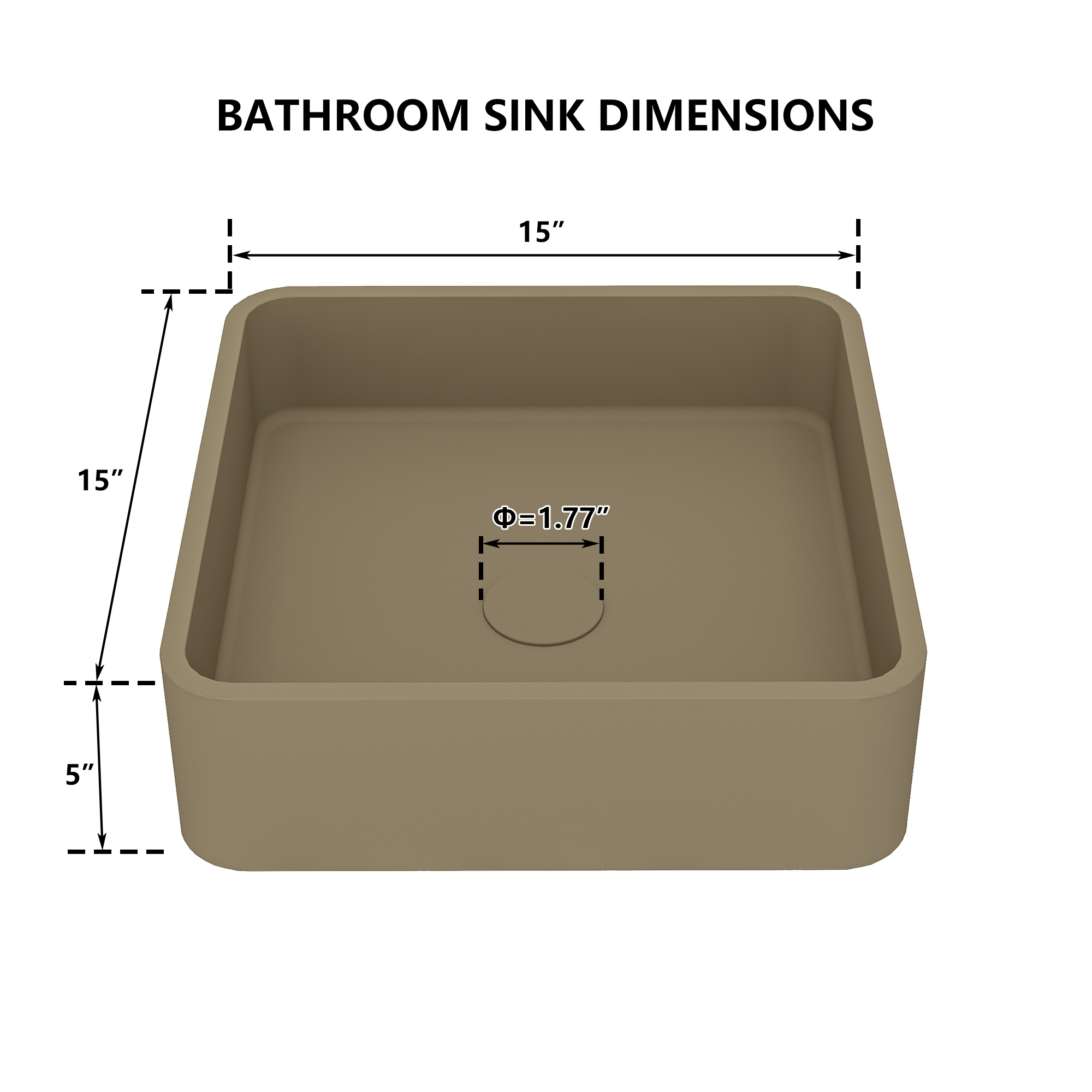 15in Bathroom Concrete Square Vessel Sink with Drainer in Mottled Bluish Grey / Cold Concrete Grey / Taupe Clay