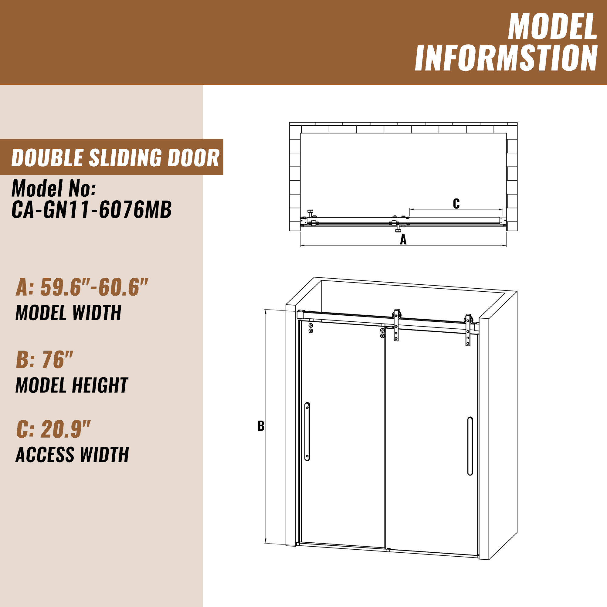 60 in. W x 76 in. H Frameless Shower Door in Matte Black with Tempered Glass