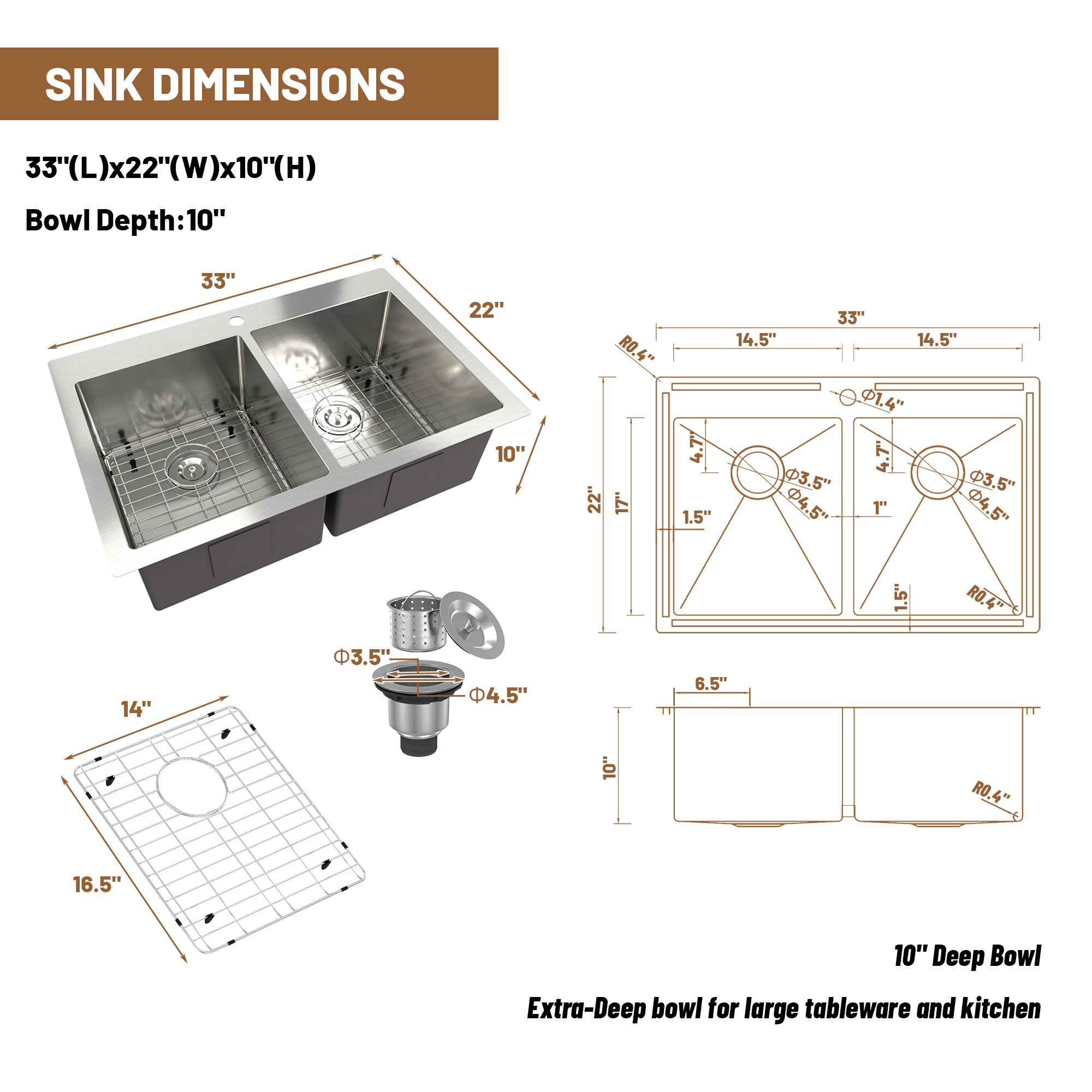 33 Inch Stainless Steel Topmount Kitchen Sink Drop In Workstation Brushed Kitchen Sink 18 Gauge 10 Inch Deep Single Bowl Kitchen Sink with Drainer and Drain Rack