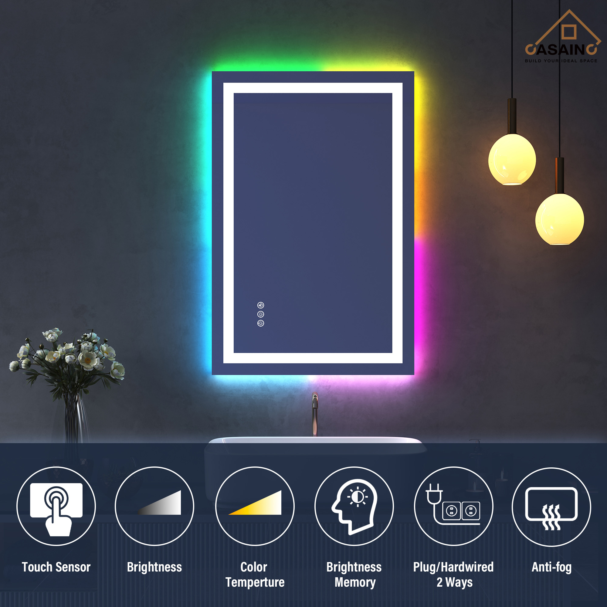 Tempered RGB LED Bathroom Mirror with Smart Controls & Anti-Fog
