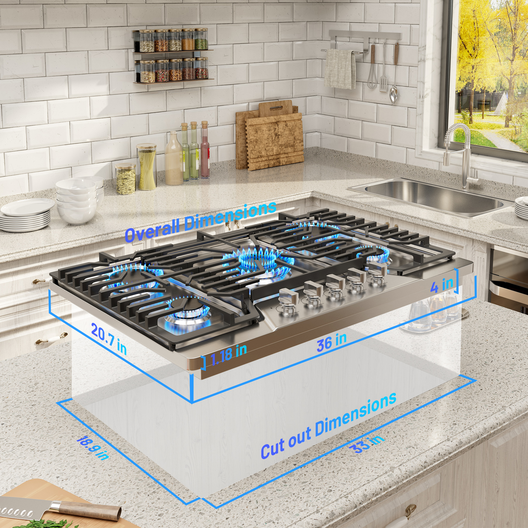 Built-in 30/36" Stainless Steel Gas Cooktop  with 5 Burners including Power Burners and LP Kit