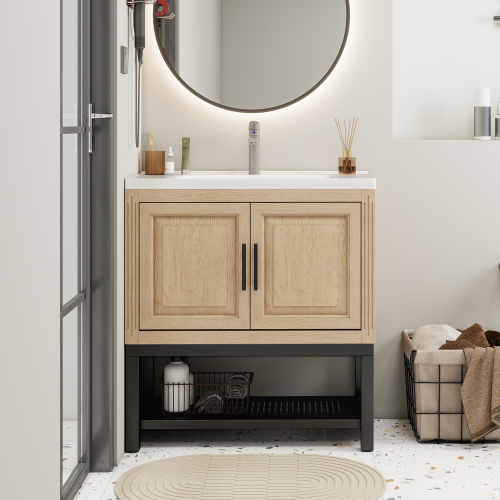 Freestanding Bathroom Vanity with White Ceramic Sink & Hot and Cold Faucet