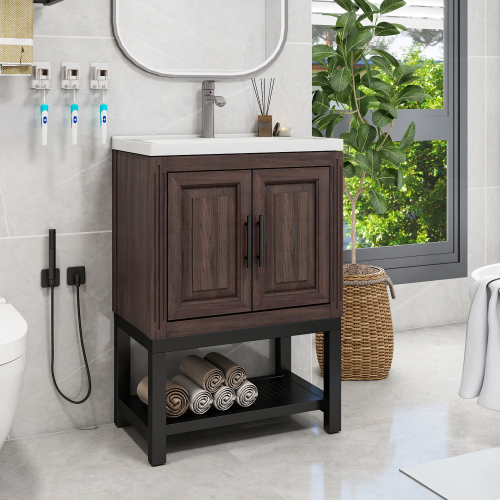 Freestanding Bathroom Vanity with White Ceramic Sink & Hot and Cold Faucet