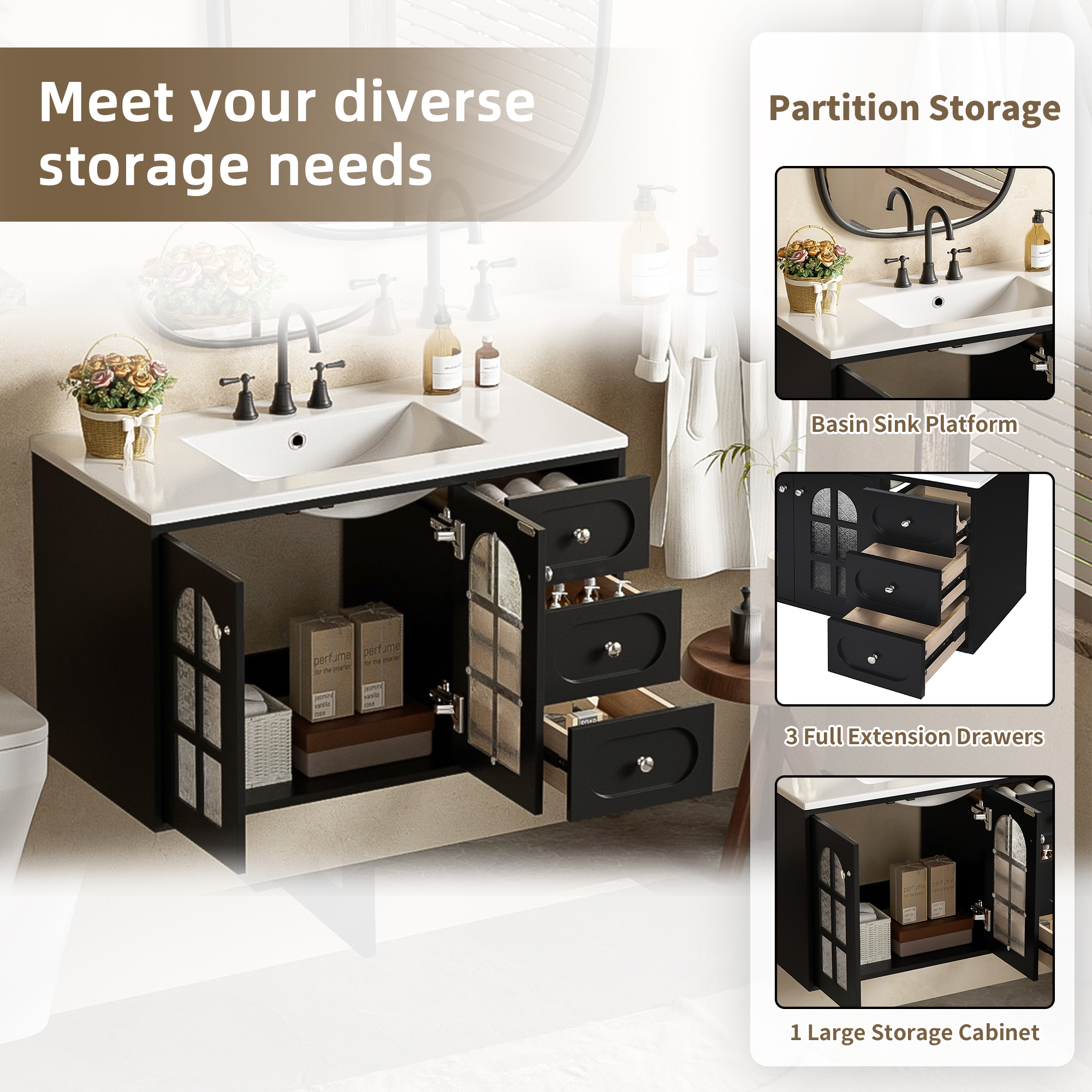 36" Wall Mounted Bathroom Vanity with Ceramic Sink & 3 Drawers