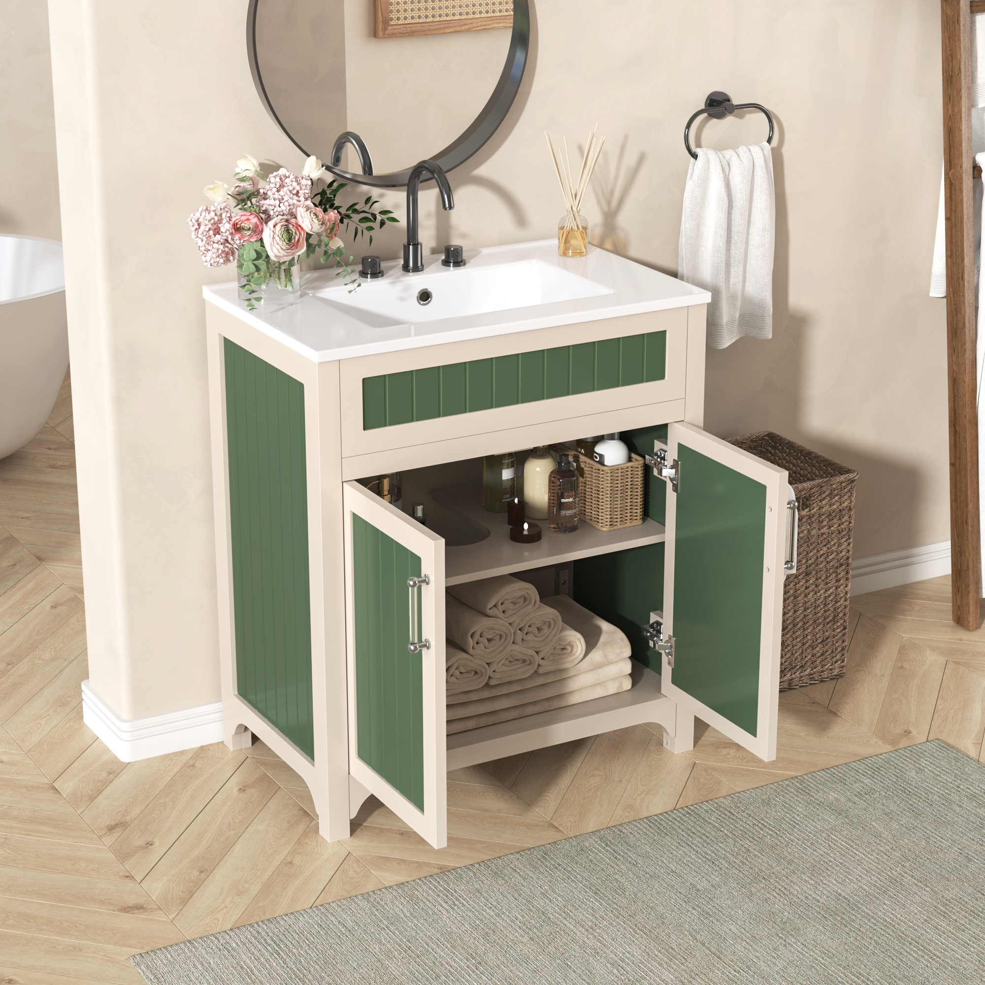 24"/30" Wooden Bathroom Vanity Cabinet with Ceramic Sink Combo Set