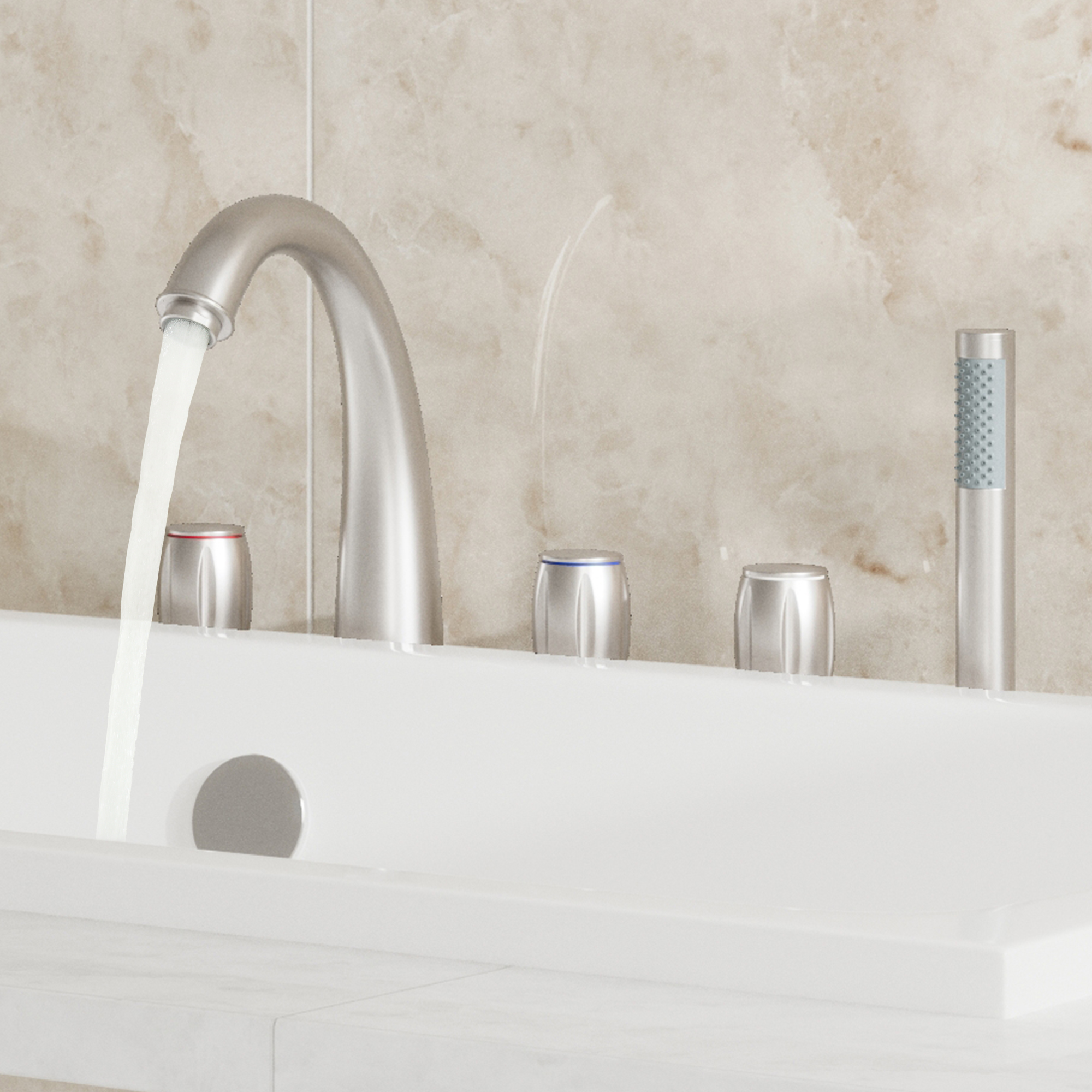 3-Handle Deck-Mounted Waterfall Roman Tub Faucet with Hand Shower