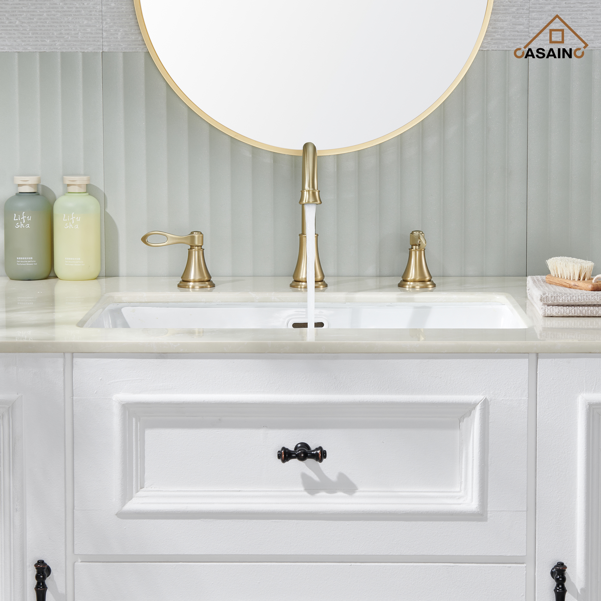 Casainc 8" Brass Bathroom Sink Faucet 3 Hole Gold Bathroom Faucet  2 Handle Gold Faucet for Bathroom Sink with Pop-up Drain Assembly Widespread Vanity Faucets