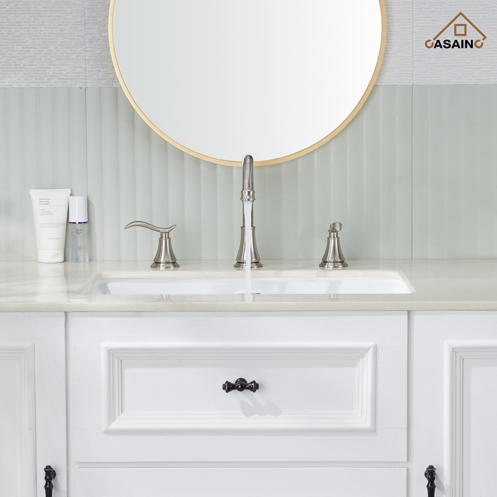 Casainc 8" Brass Bathroom Sink Faucet 2 Handle 3 Hole Gold Bathroom Faucet for Bathroom Sink with Pop-up Drain Assembly Widespread Vanity Faucets 360° Swivel Spout