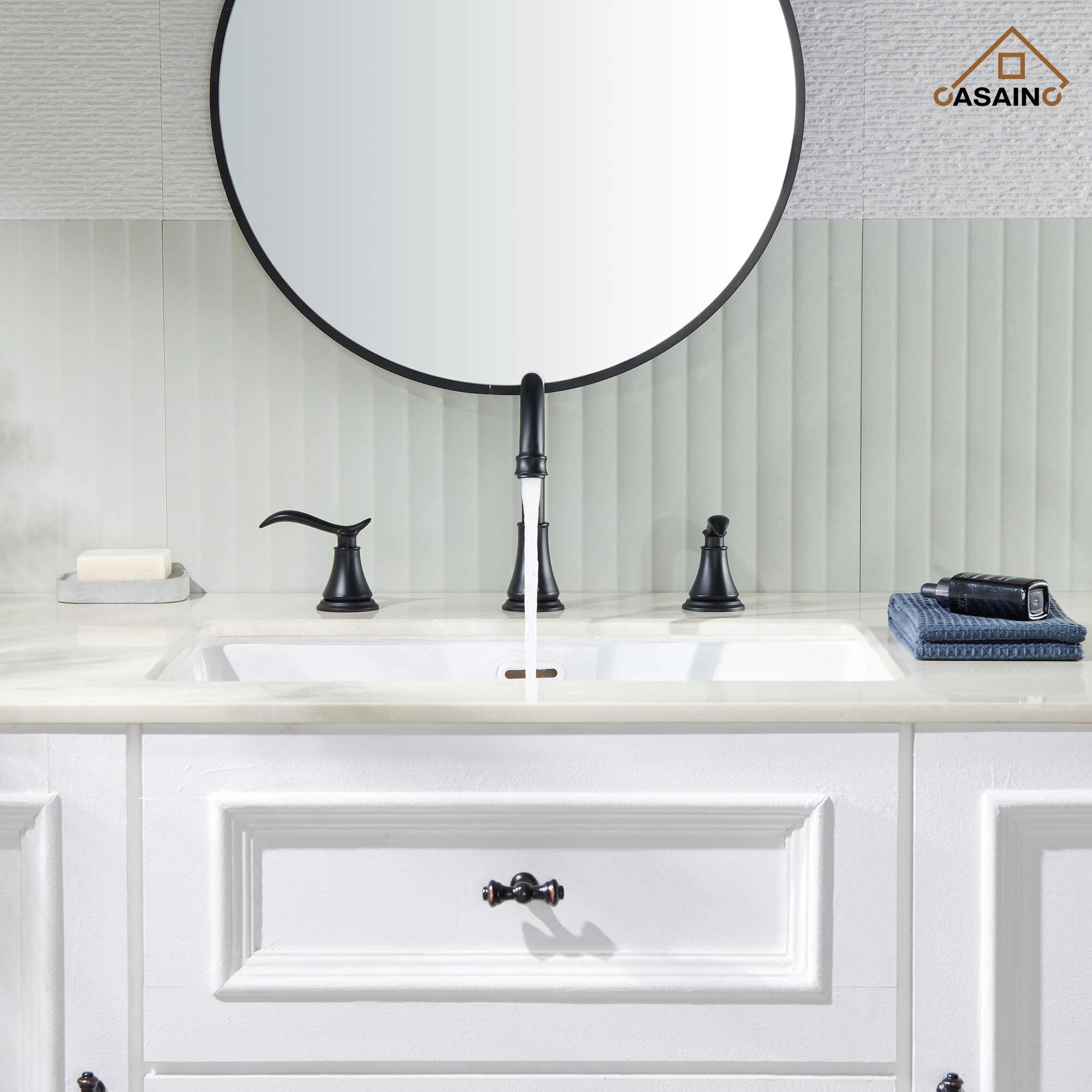 Casainc 8" Brass Bathroom Sink Faucet 2 Handle 3 Hole Gold Bathroom Faucet for Bathroom Sink with Pop-up Drain Assembly Widespread Vanity Faucets 360° Swivel Spout