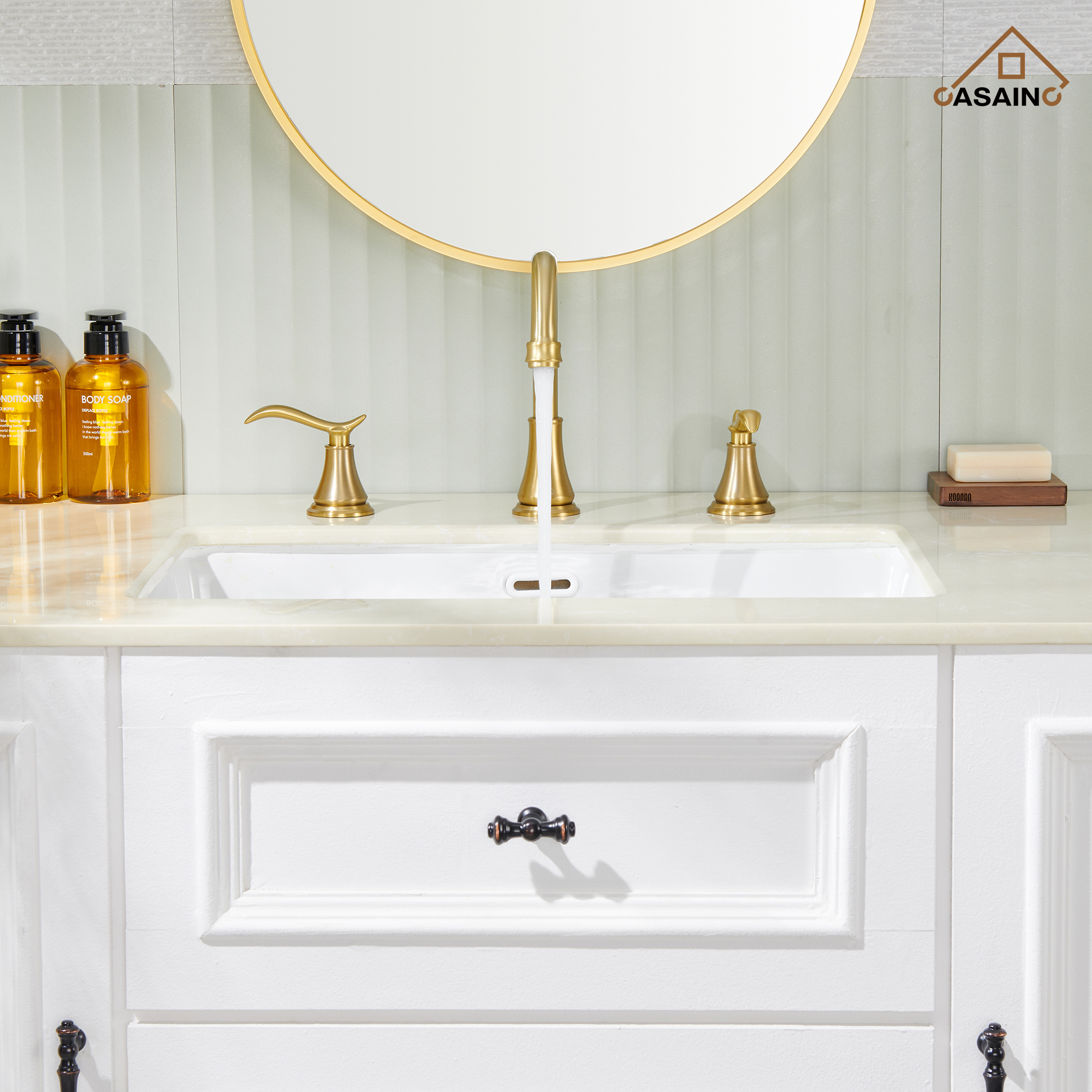 Casainc 8" Brass Bathroom Sink Faucet 2 Handle 3 Hole Gold Bathroom Faucet for Bathroom Sink with Pop-up Drain Assembly Widespread Vanity Faucets 360° Swivel Spout