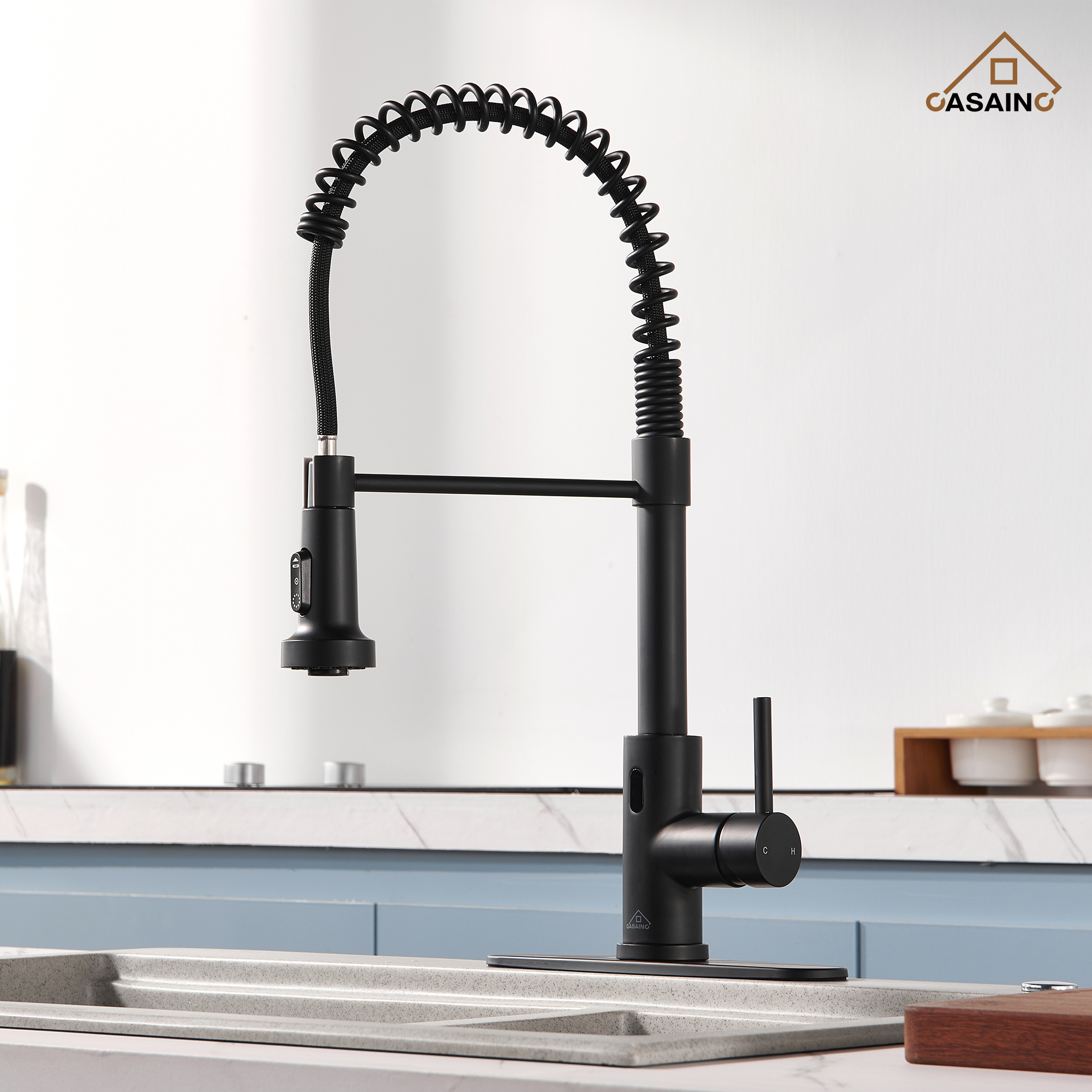 3-Mode Single Handle Pull-Down Sprayer Kitchen Faucet with Touchless Sensor and Includes Deckplate