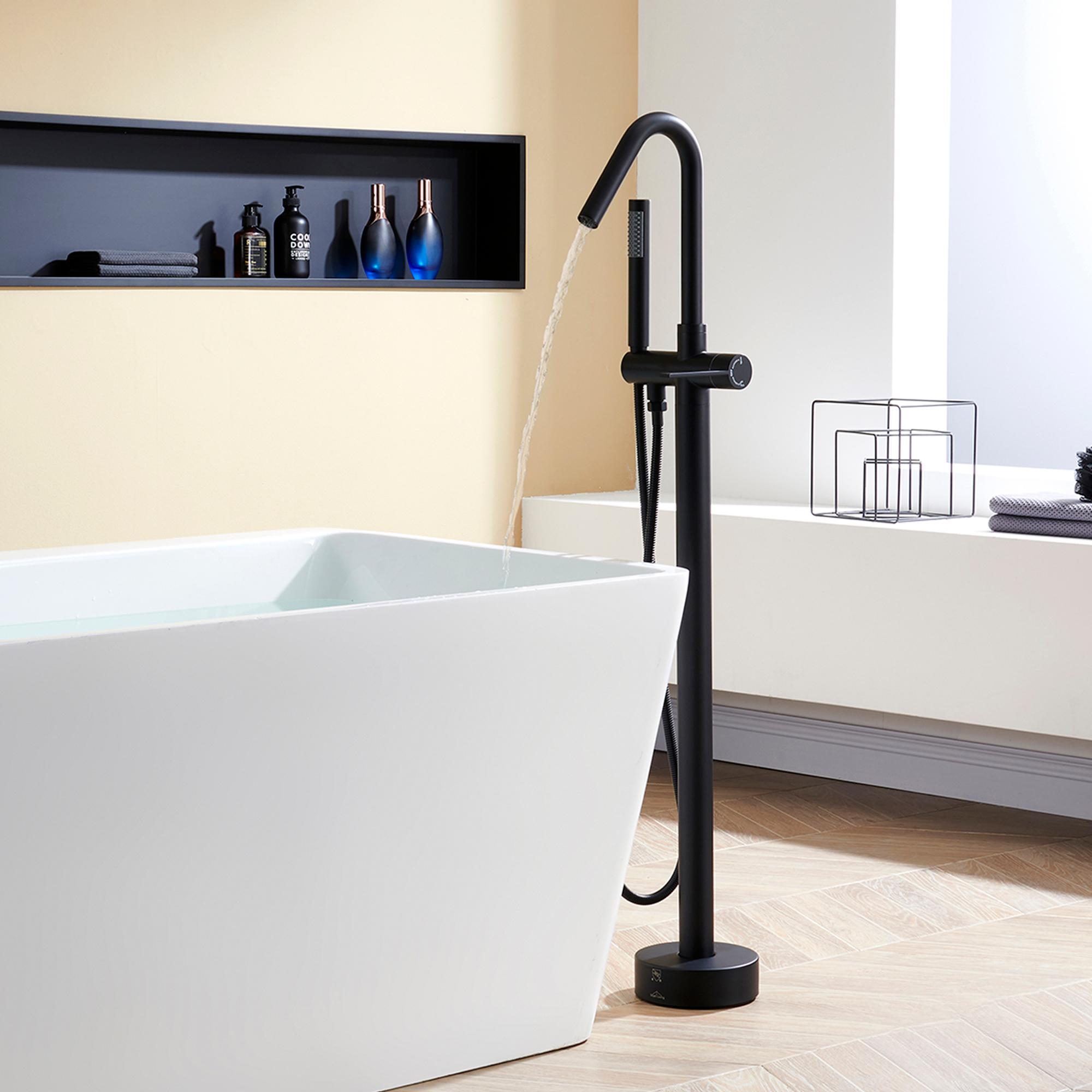 Solid Brass Floor Mount Bathtub Faucet with Hand Shower and High Arc Spout